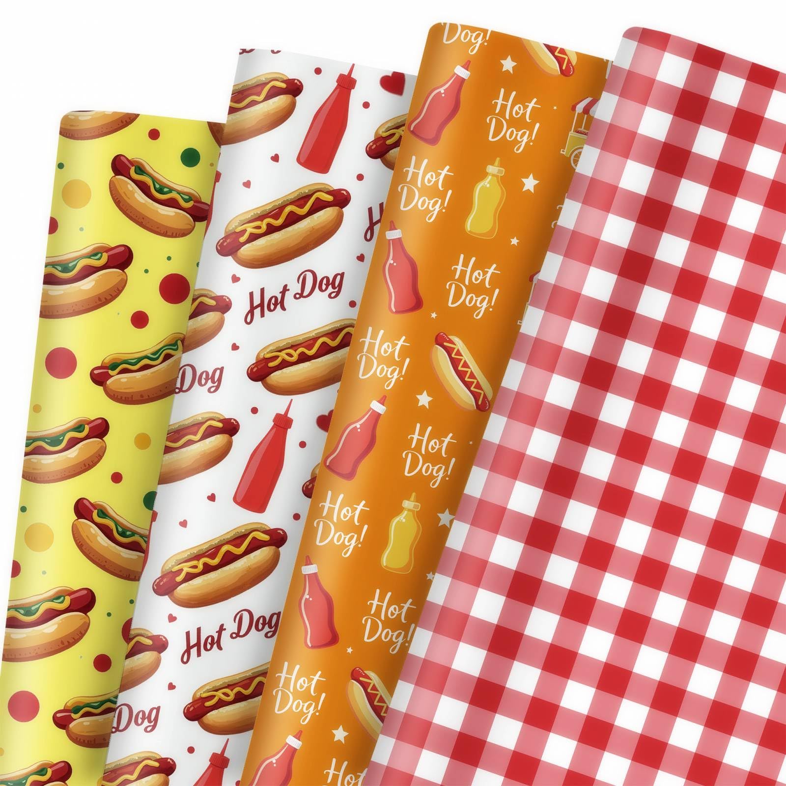 GleeWrap Hot Dog Wrapping Paper, 12 Sheets Food Themed Gift Wrap Paper for Birthday, Parties, Celebrations and Everyday Gifting, 50 x 70cm