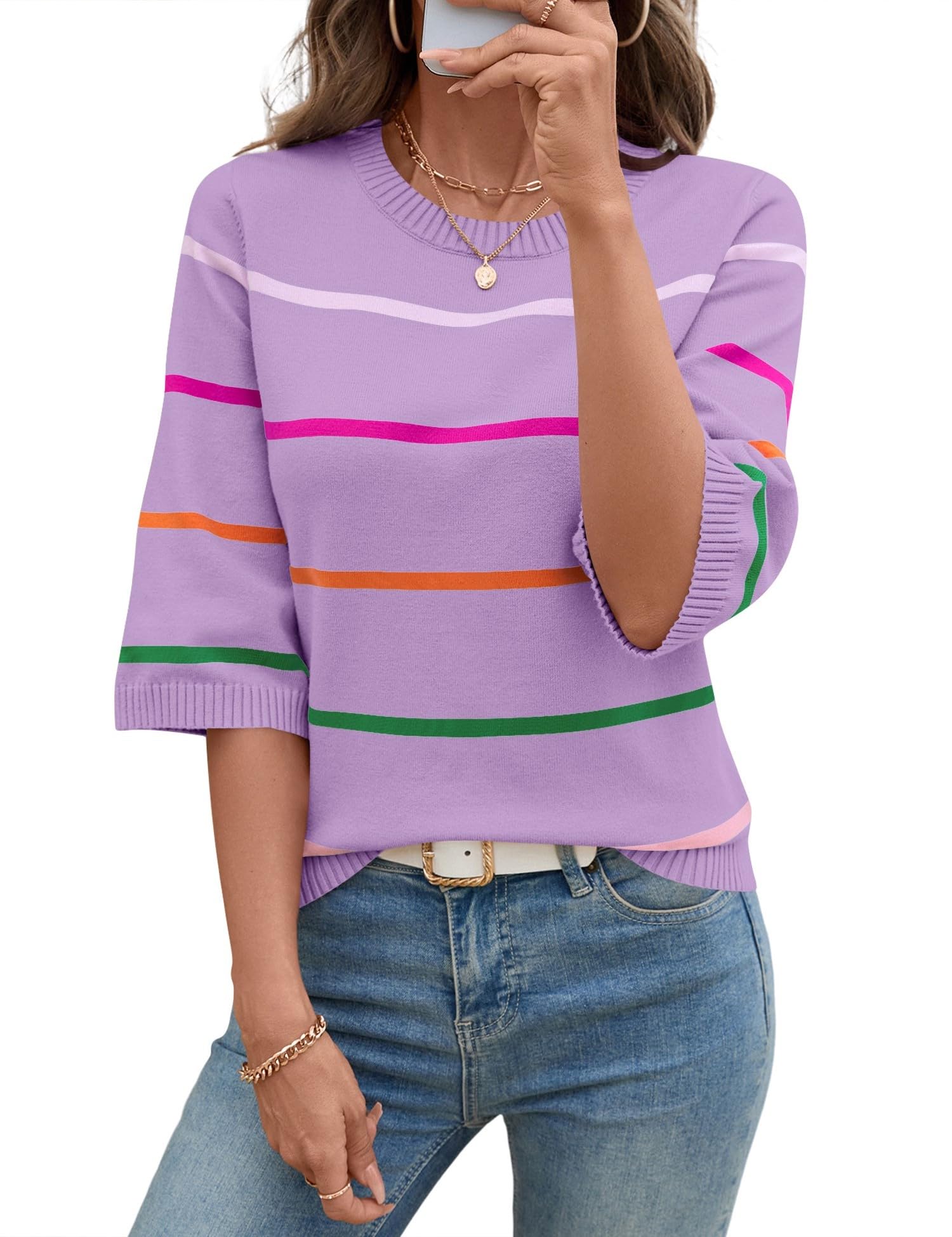 Womens Sweaters Casual Fall 2025 Crew Neck Striped 3/4 Sleeve Lightweight Knit Trendy Pullover Sweater Tops S-XL