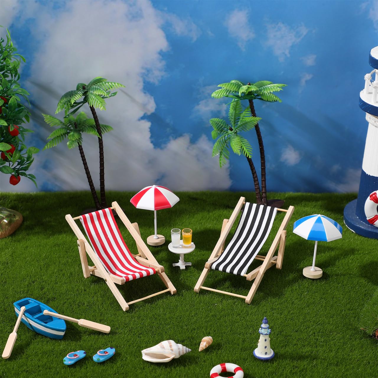 Didiseaon Set di paesaggi da spiaggia in miniatura con palme, ombrelloni, mini palme, ombrelloni, sedie a sdraio, bevande, tavolino rotondo, ornamento per