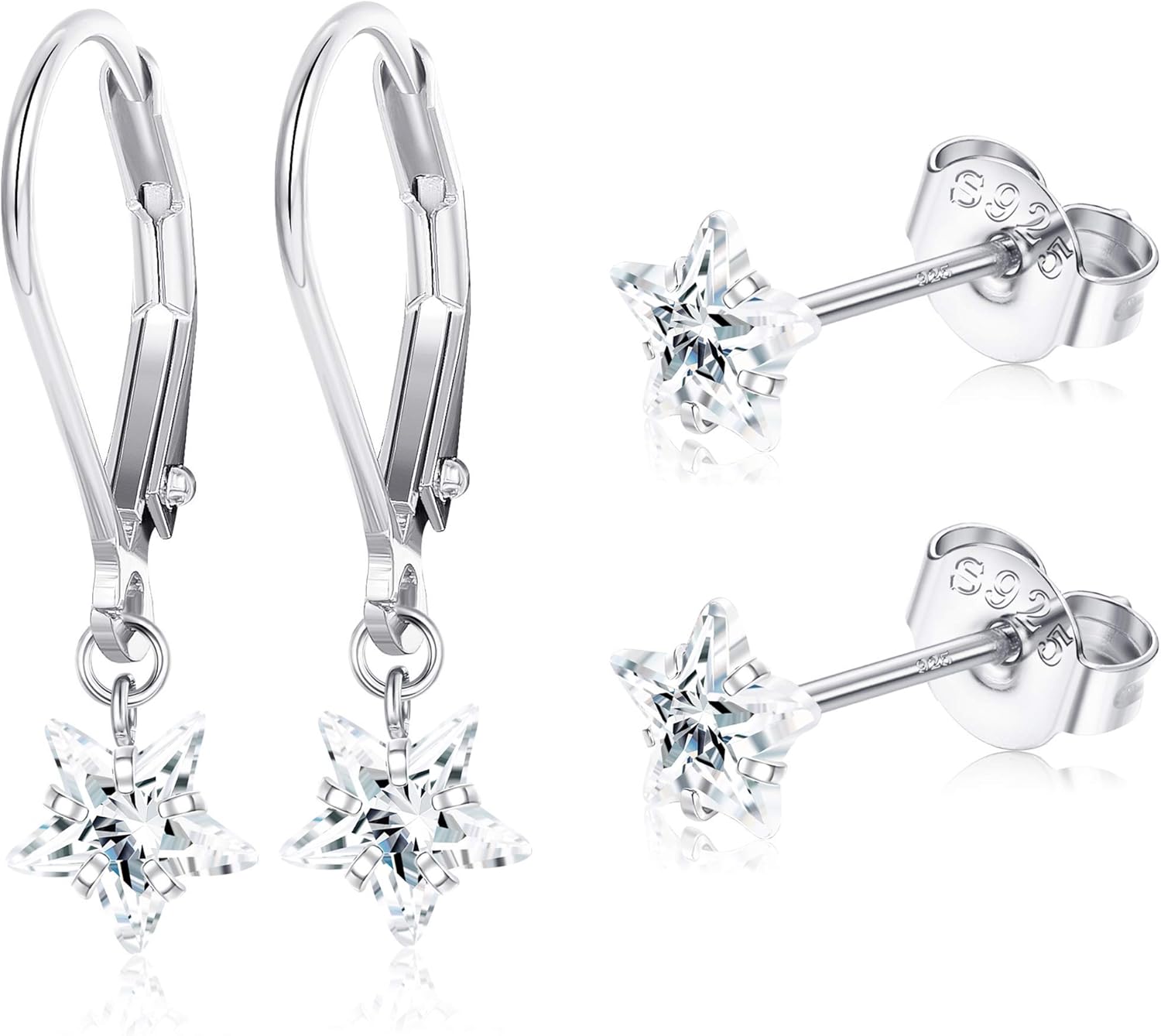 ORAZIO 2 Pares Plata 925 de Ley Zirconia Cúbico Estrella Pendientes Set para Mujeres Niñas, Pendientes Colgantes Pendientes de Aro Hipoalergénico Pequeños Aretes de Cartílago