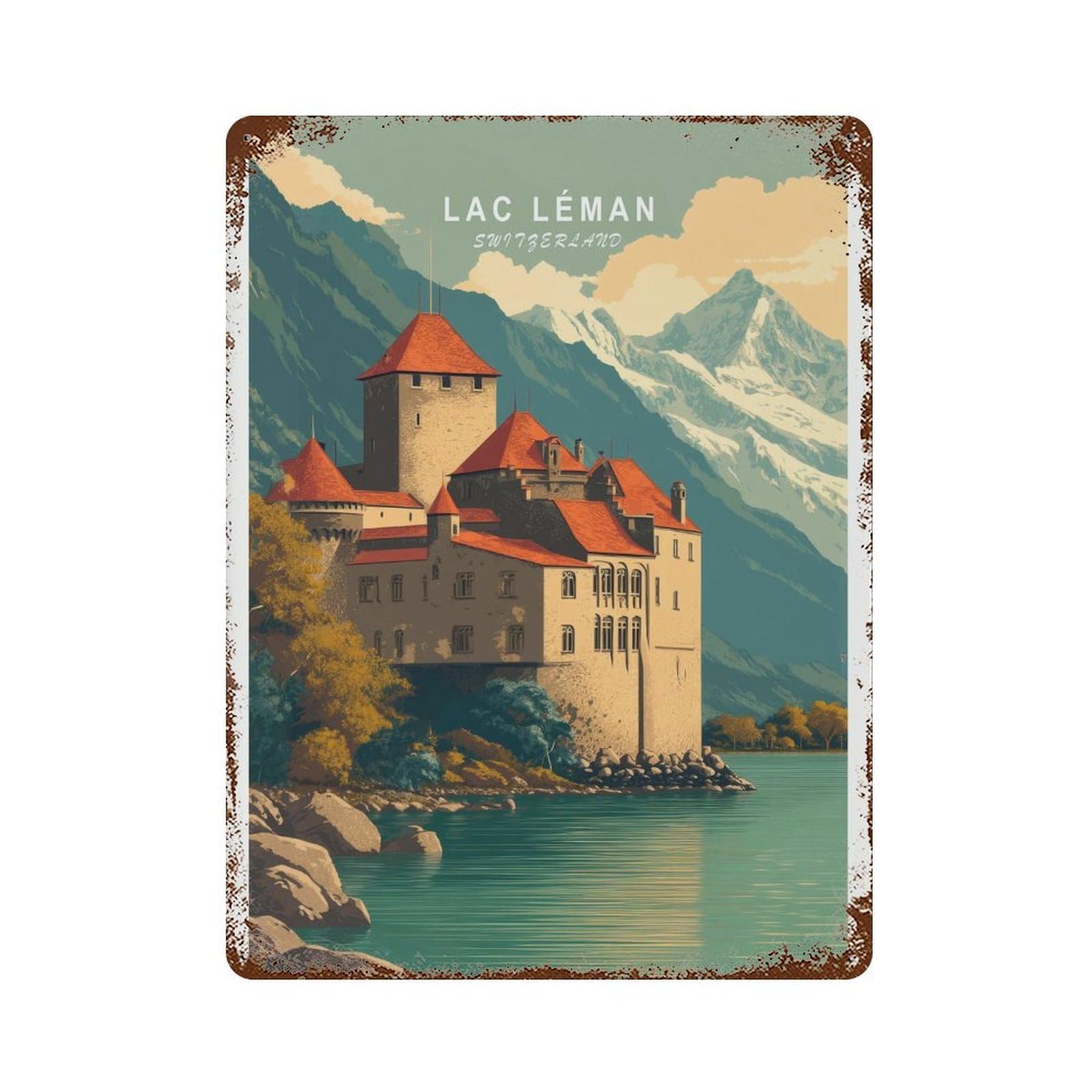 xiaoxiaoshen Lac Léman Travel Switzerland Lake Geneva Hanging, Minimalist (2) Wall Decor Art Metal Tin Poster Modern Home Decor Art Home Bar Shop Decorations Vintage Sign 40x30cm