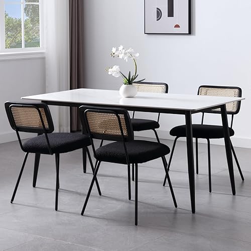 QUINJAY Juego de 4 sillas de comedor de ratán, sillas de comedor tapizadas de caña de sherpa negra con respaldo de ratán, sillas de comedor tejidas