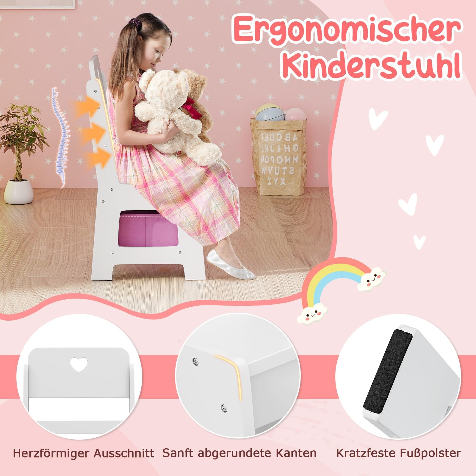 FANTASK 2 in 1 Schminktisch Kinder Set, Schreibtisch Holz mit Buntem Spiegel & Bücherregal, Prinzessin Frisiertisch mit Regalen, Schmuckhalter & Stoffbox, Kosmetiktisch für Mädchen ab 3 Jahren (Weiß)