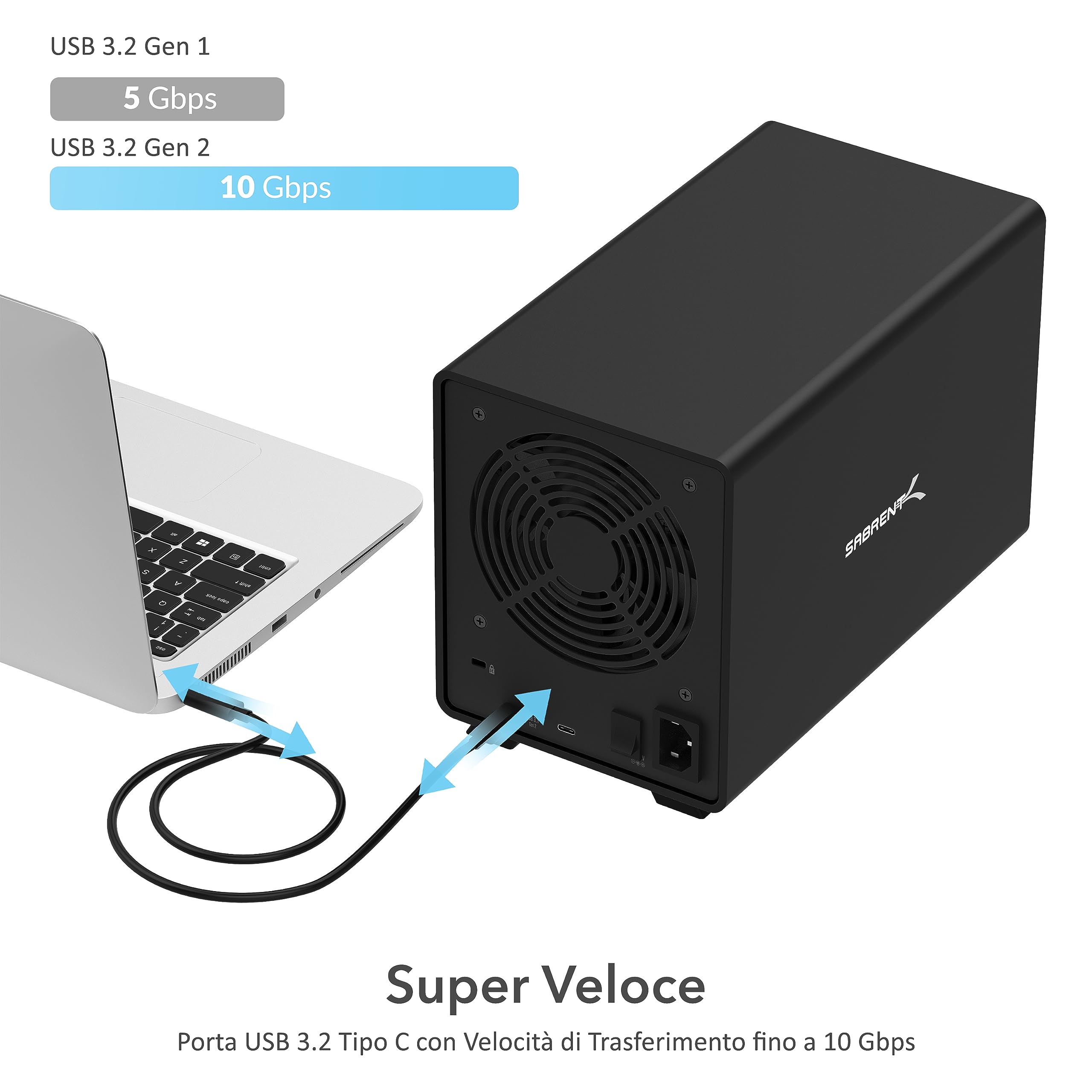 SABRENT Docking Station SSD/Hard Disk esterno/HDD 3.5 pollici, USB 3.2, 5 slot per SSD/HDD, con alimentatore e ventola, per SSD/HDD SATA, con 4 interruttori ON/OFF separati (DS-SC5B-EU)