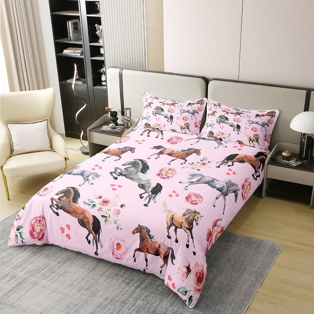 100% Cotton Horse Comforter Cover Queen Farm Western Cowboy Cowgirls Bedding Set for Kids Boys Girls Pink Rose Floral Duvet Cover with Lover Heart Decor Kawaii Horse Quilt Cover with 2 Pillowcases