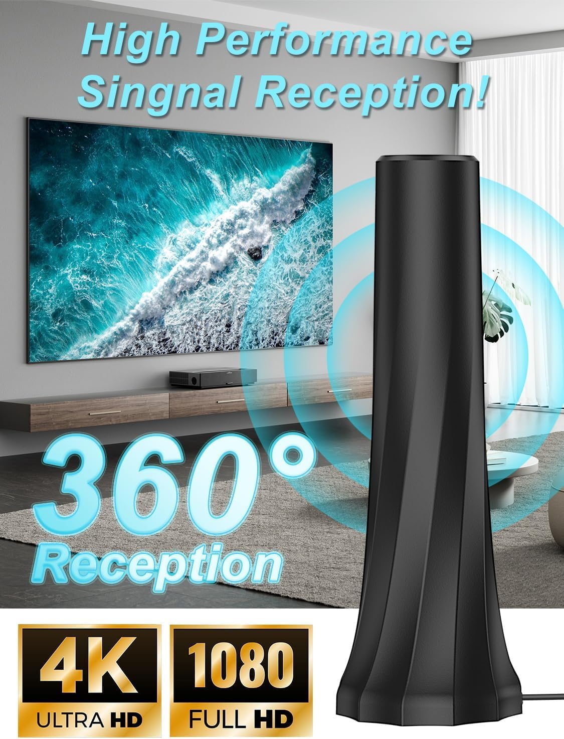 DVB-T/T2 Antenne mit Verstärker für Innen, Zimmerantenne für Fernseher, 360°-Empfang, Unterstützt 4K/1080P HD-Kanäle und alle Fernseher.