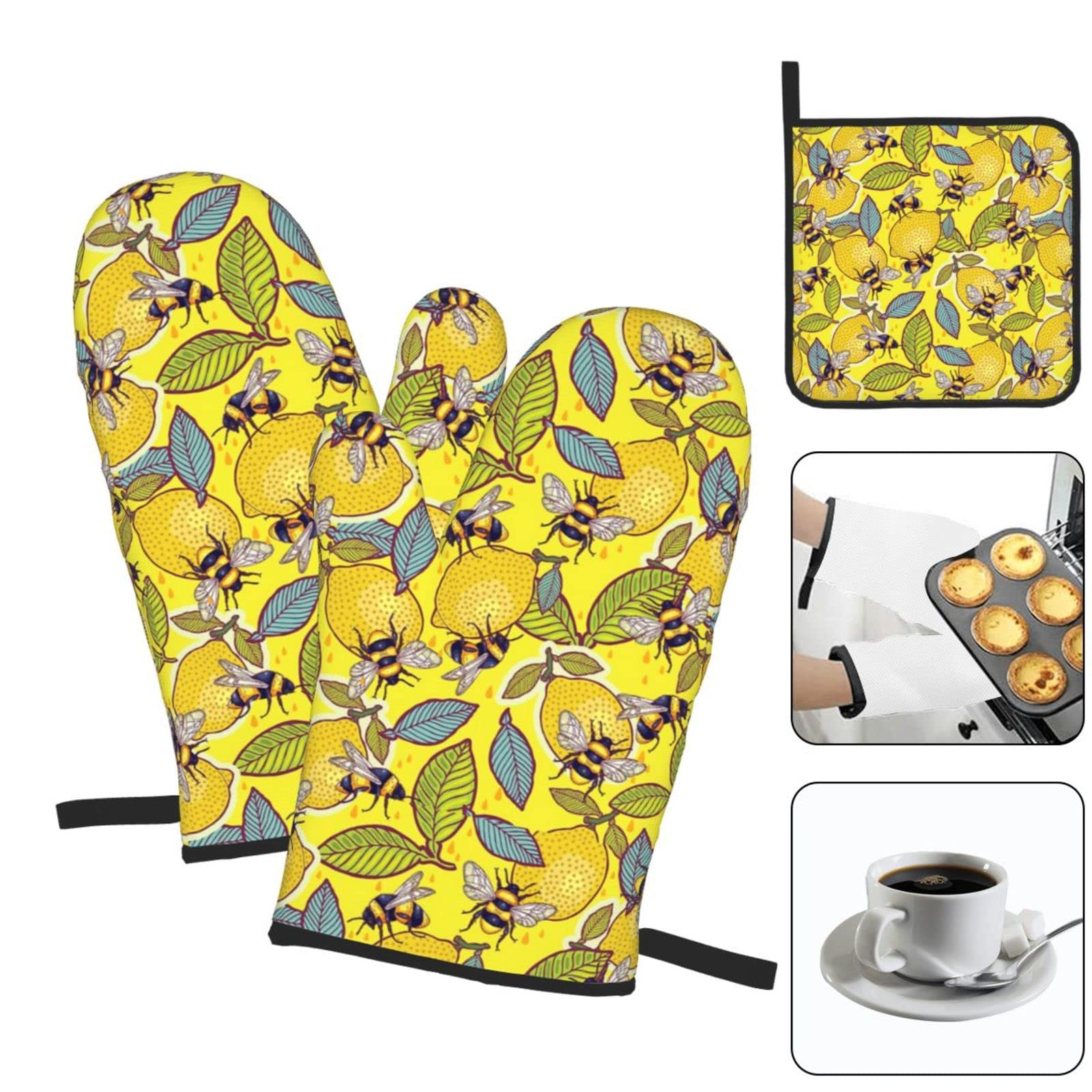 Lot De 2 Maniques Et Gants De Cuisine Jaune Citron – Antidérapants, Résistants à La Chaleur – Idéal Barbecue Et Pâtisserie