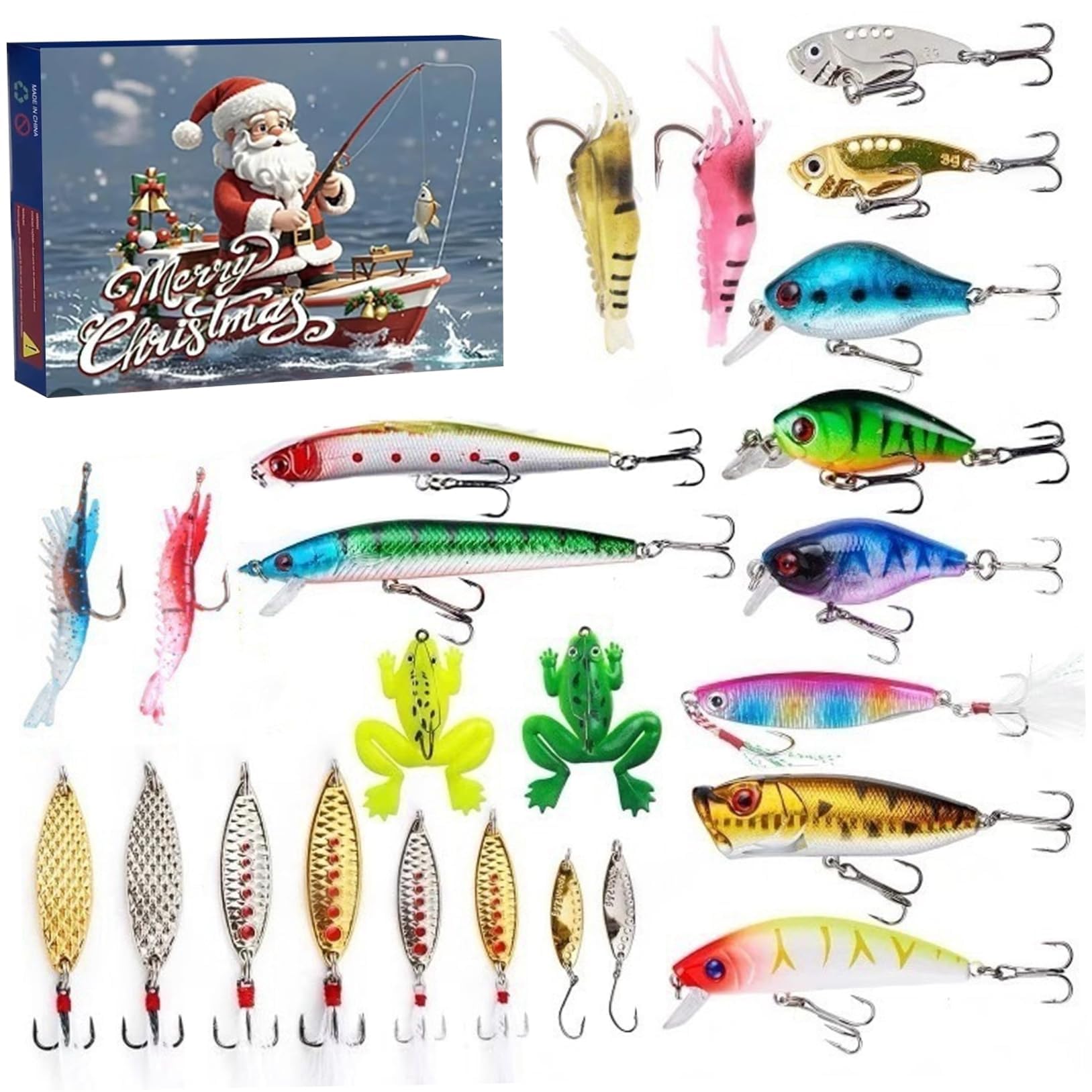 Advent Calendar 2024, 24 Days Christmas Countdown Advent Calendar for Anglers Adult Men Teen Boys, Fishing Lure Baits Tackle Set with Minnow Crankbait VIB Spoons Popper Xmas Fishing Gifts (A)