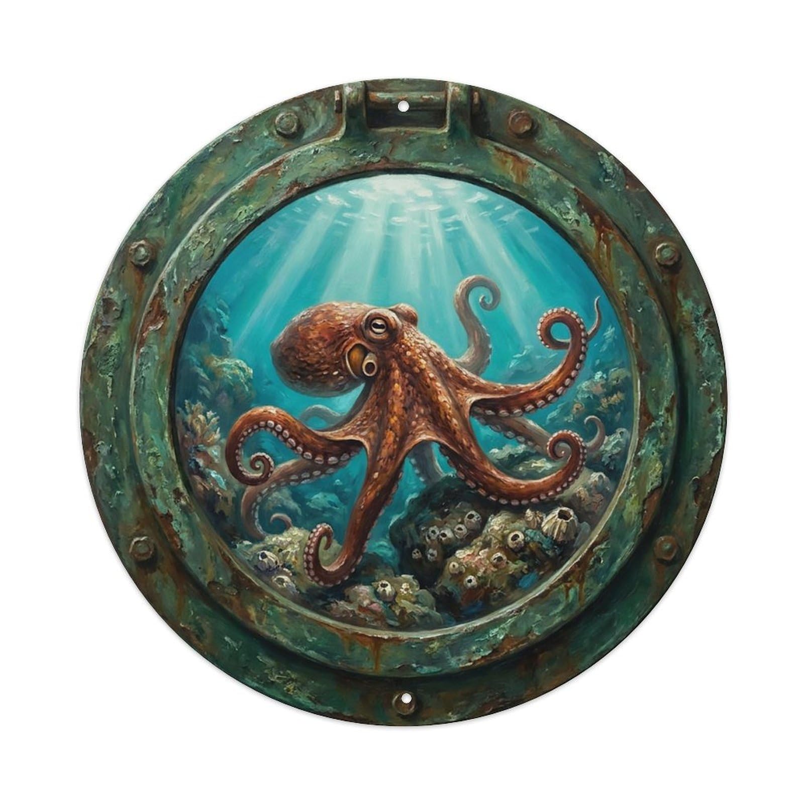 Vintage Porthole Octopus Intelligent Ship Window Undersea Deep Sea Metal Tin Sign