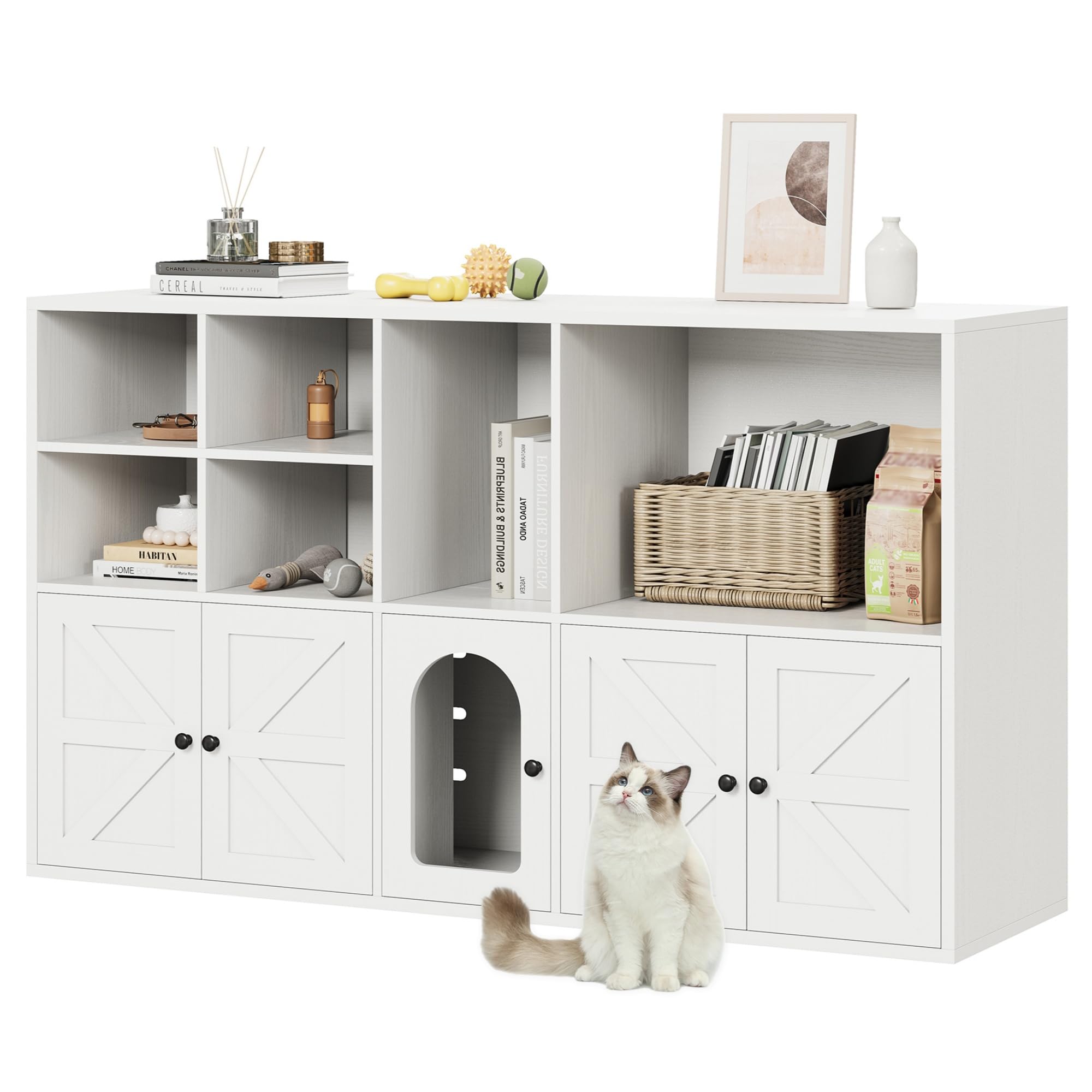 IRONCK Cat Litter Box Enclosure for 2 Cats, Litter Box Furniture Hidden with Double Room and Large Storage Space, Wooden Washroom Furniture, Cat House, White