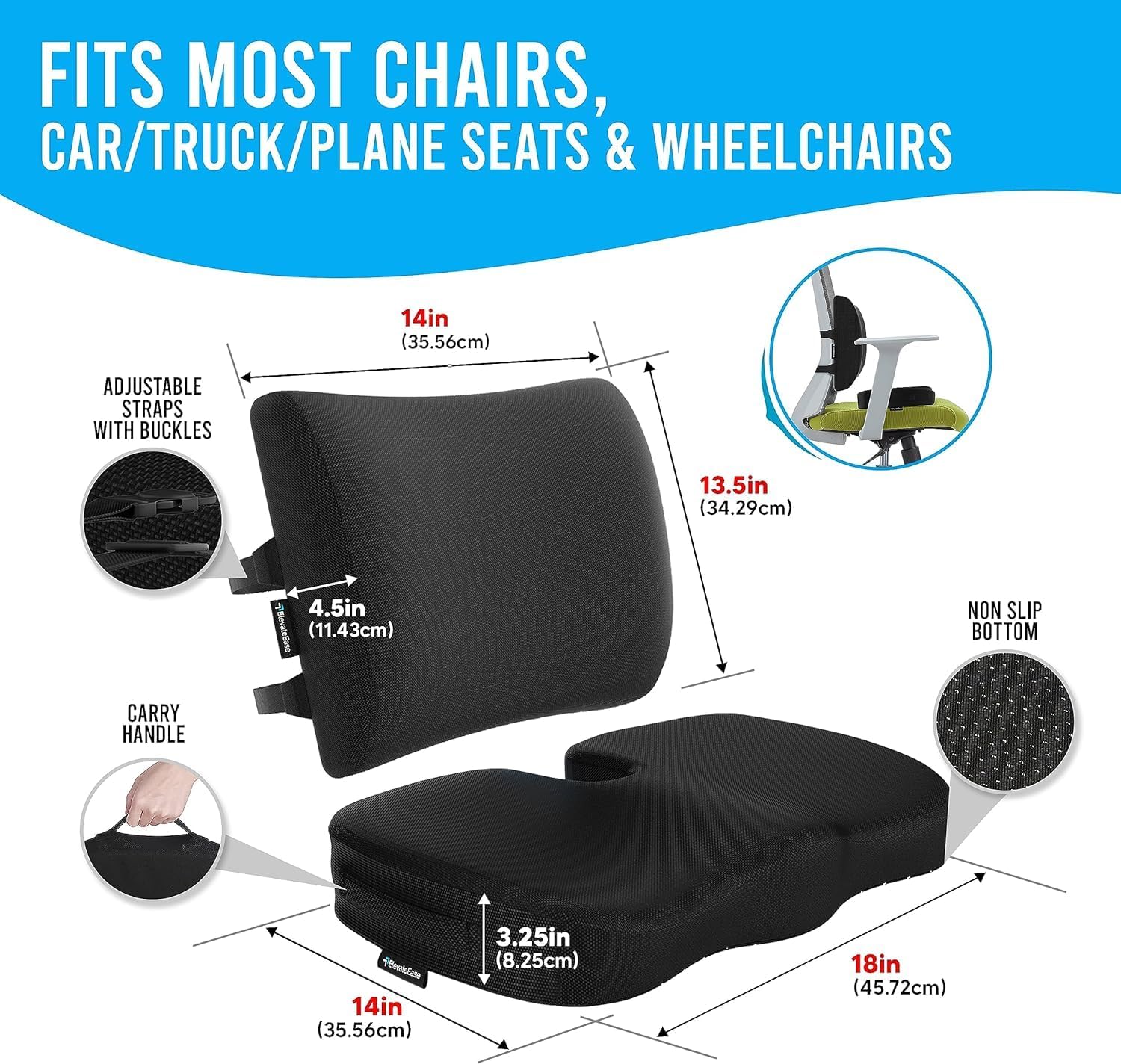 Orthopedic Seat Cushion and Lumbar Support Pillow for Office Chair & Car, Memory Foam with Washable Cover Ergonomic Desk Chair Cushion for Tailbone, Lower Back Pain, Sciatica Relief
