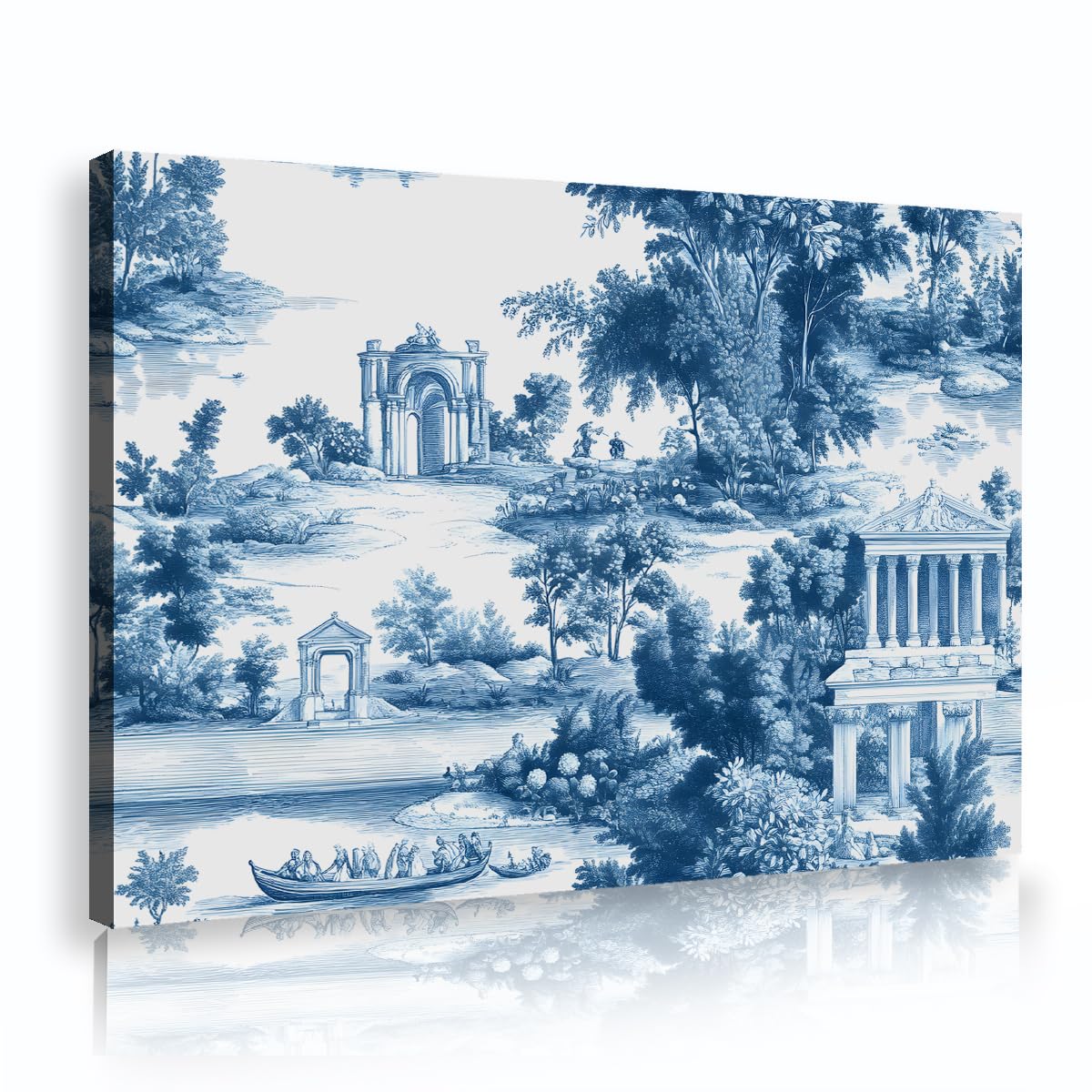 TOANGWALL Classic French Blue White Framed Canvas Artwork Vintage Chinoiserie Landscape Picture Printed Poster for Dining Room Hallway Decor 75x115cm