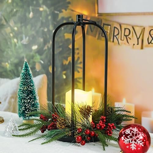 Miniatura 4 de Farol de metal de Navidad de 15 pulgadas para decoración de Navidad al aire libre con soporte LED sin llama, linterna colgante decorativa para