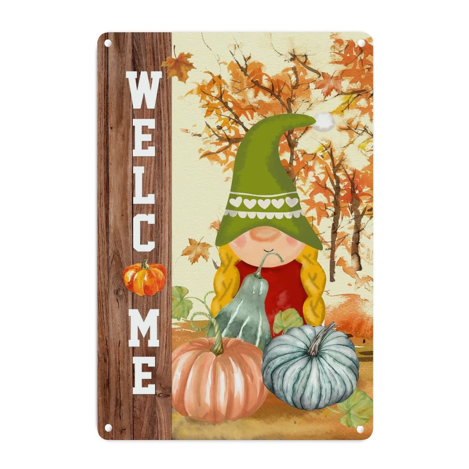 Plaque murale métal rustique welcome avec motif nain de feuille dorée citrouille