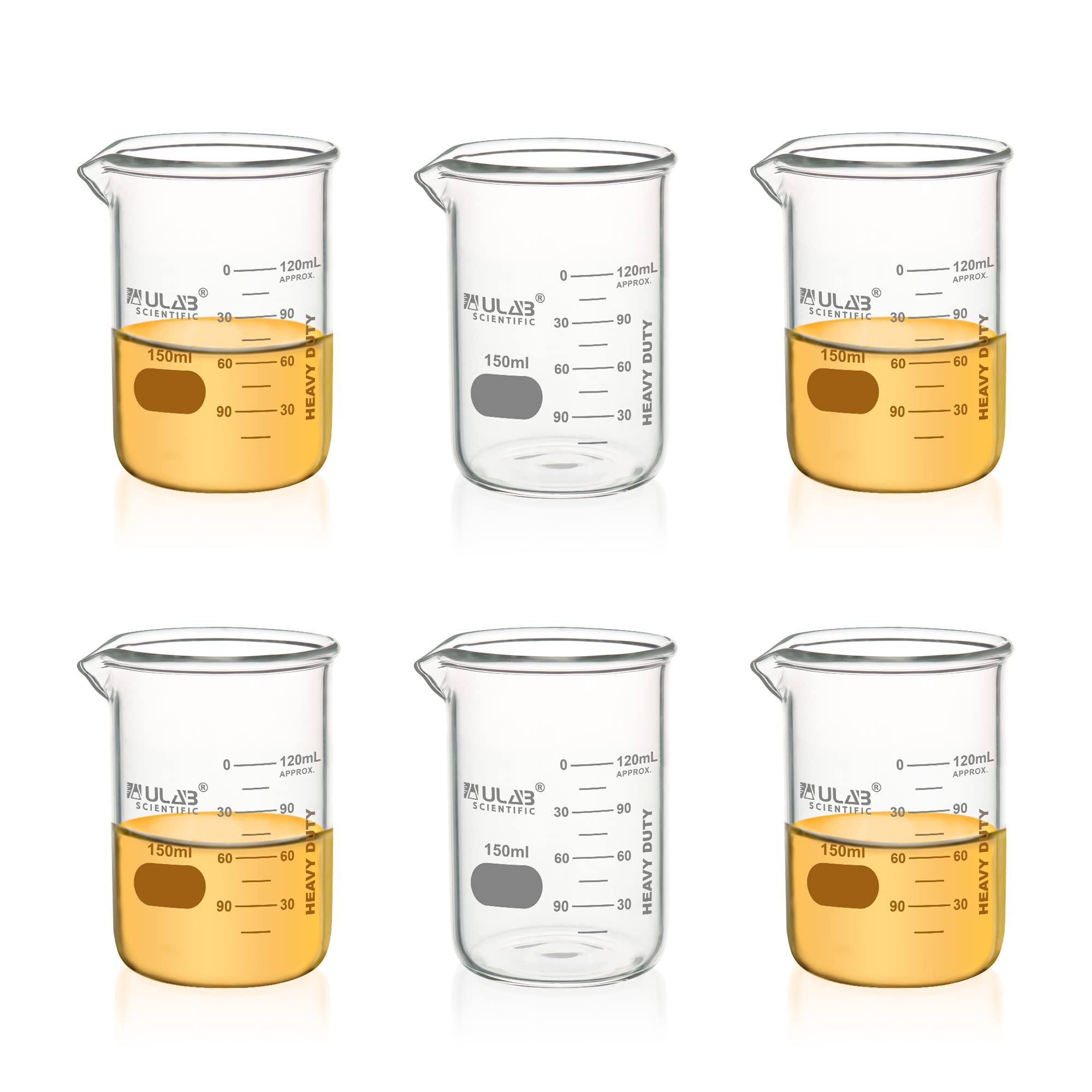 ULAB Heavy Duty Glas Becher, 6pcs von Vol.150ml(5.07oz), Borosilikat 3.3 Glas, dicke Wand Becher, mit doppelter Skala, Superior Durability & chemische Beständigkeit, UBG1052