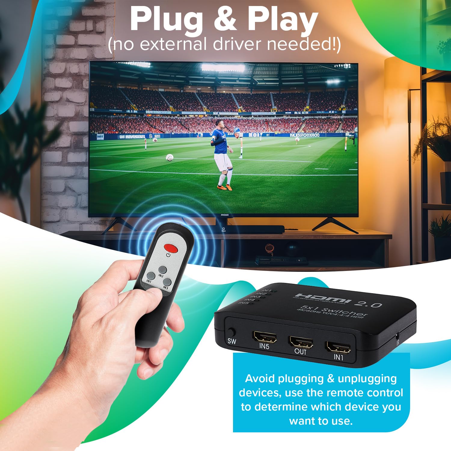 Nikkai Przełącznik HDMI 5 portów w 1 wyjściu 4K 60 Hz rozdzielczość pilot - czarny