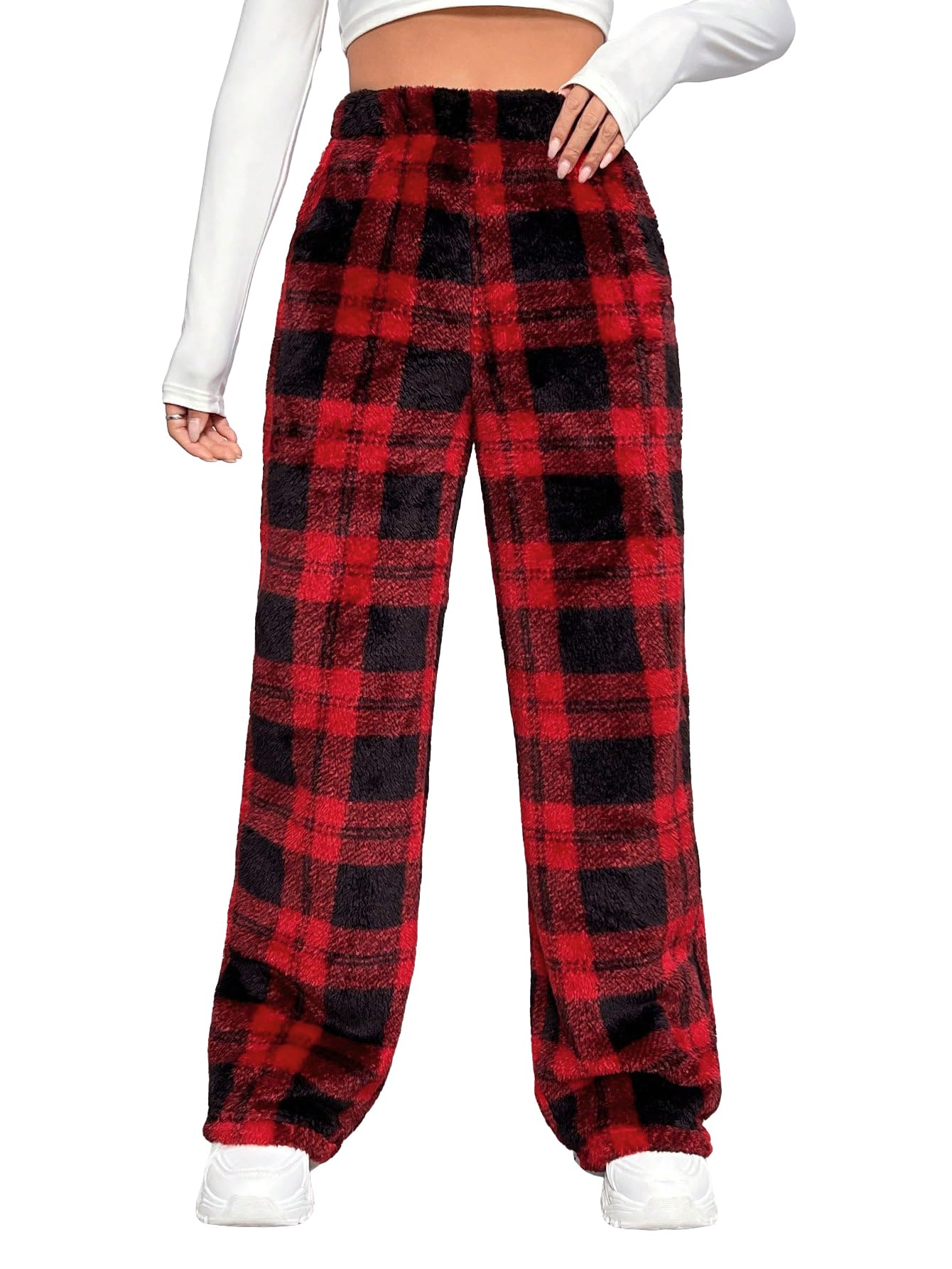 WDIRARA Womens Plaid Elastic Waist Straight Leg Long Pants Casual Long Pants