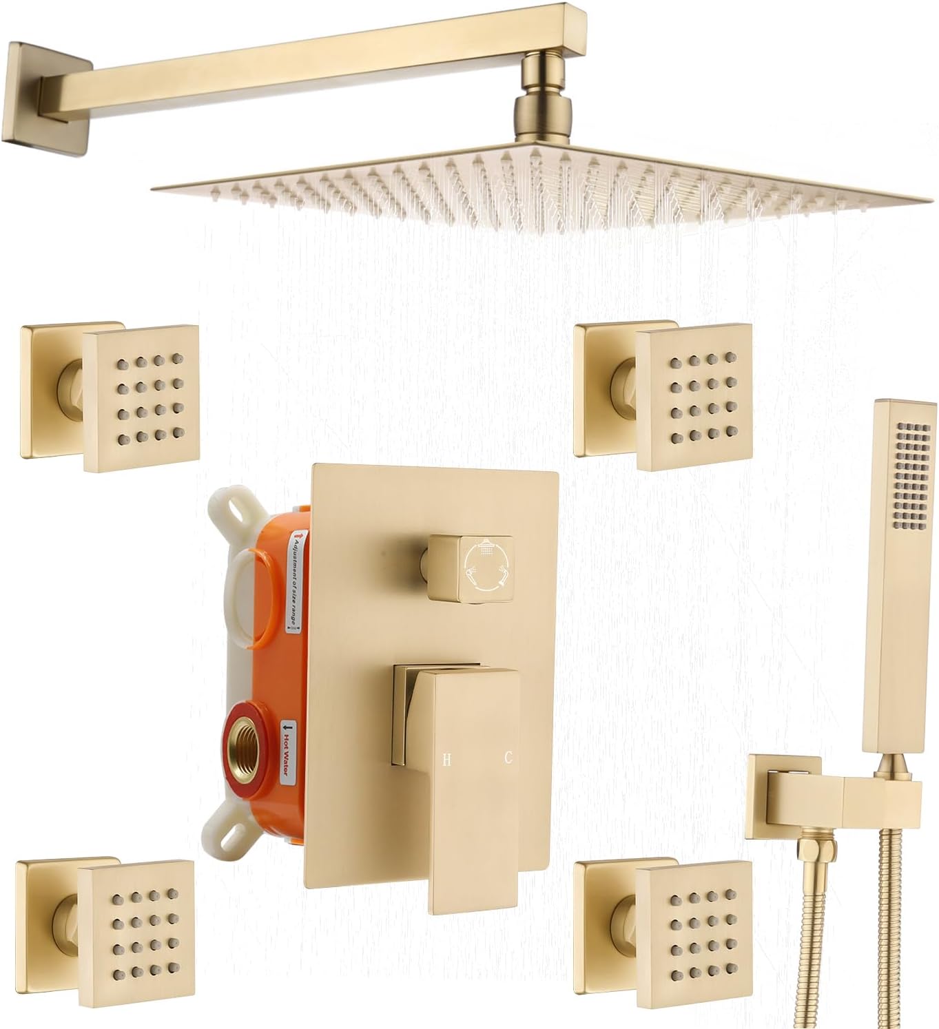 Enga Brushed Gold Rain Shower System with 4 Body Shower Jets 12inch Wall Mount Rainfall Shower Head & Handheld, Multi Shower Head System Rain Shower Faucets sets Combo with Rough-in Valve