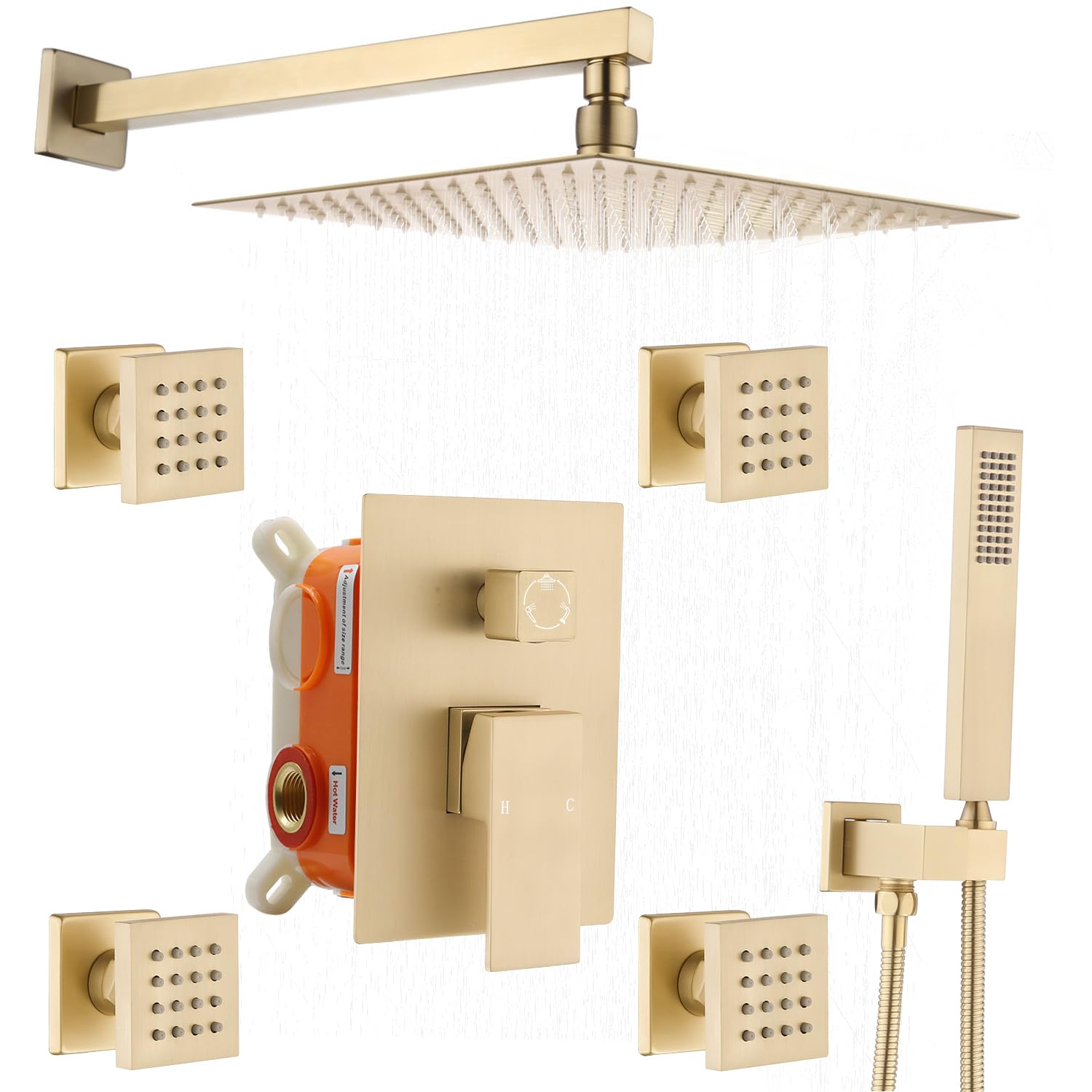 Enga Brushed Gold Rain Shower System with 4 Body Shower Jets 12inch Wall Mount Rainfall Shower Head & Handheld, Multi Shower Head System Rain Shower Faucets sets Combo with Rough-in Valve