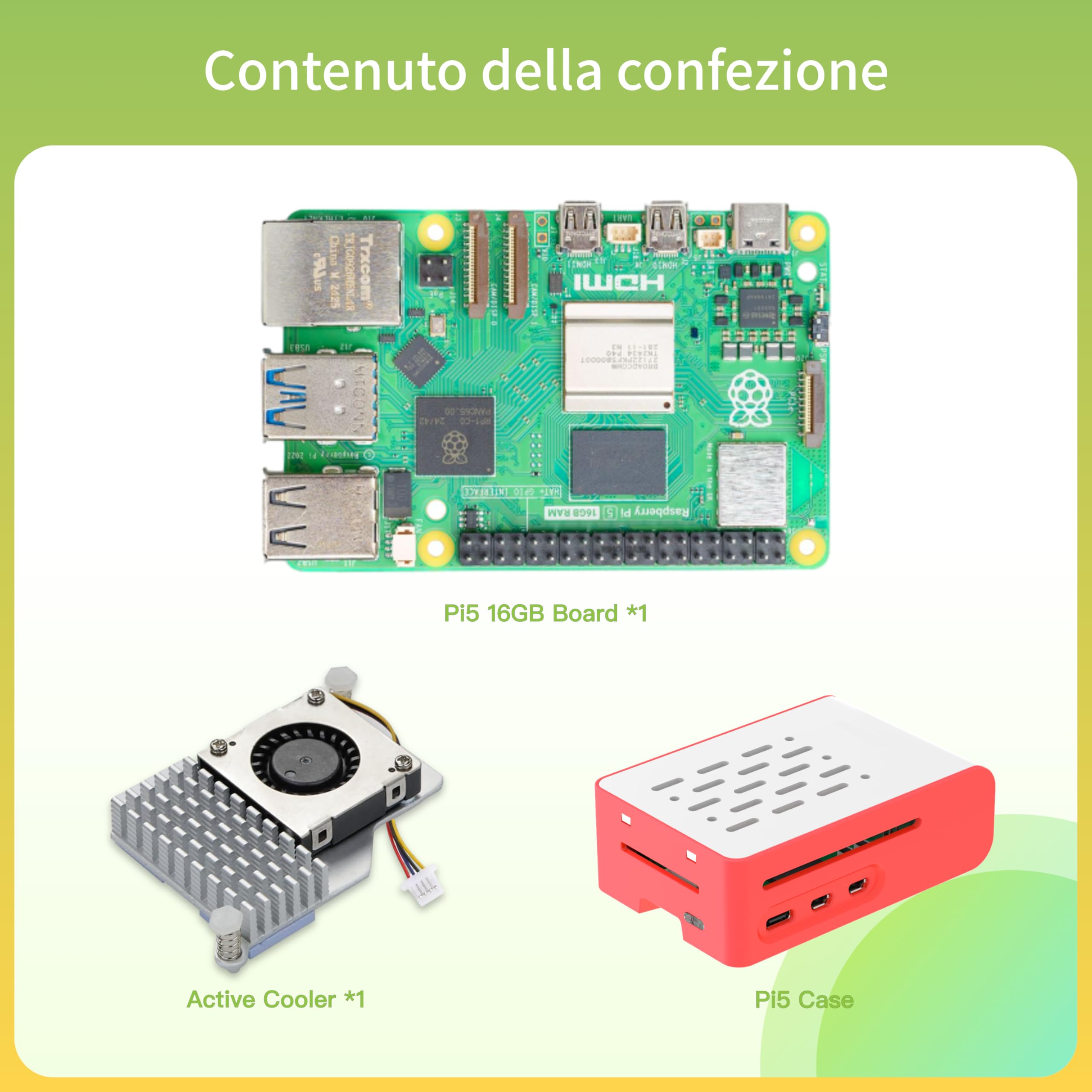 iRasptek Basic Kit For Raspberry Pi 5 16GB RAM con alloggiamento rosso e bianco e radiatore attivo