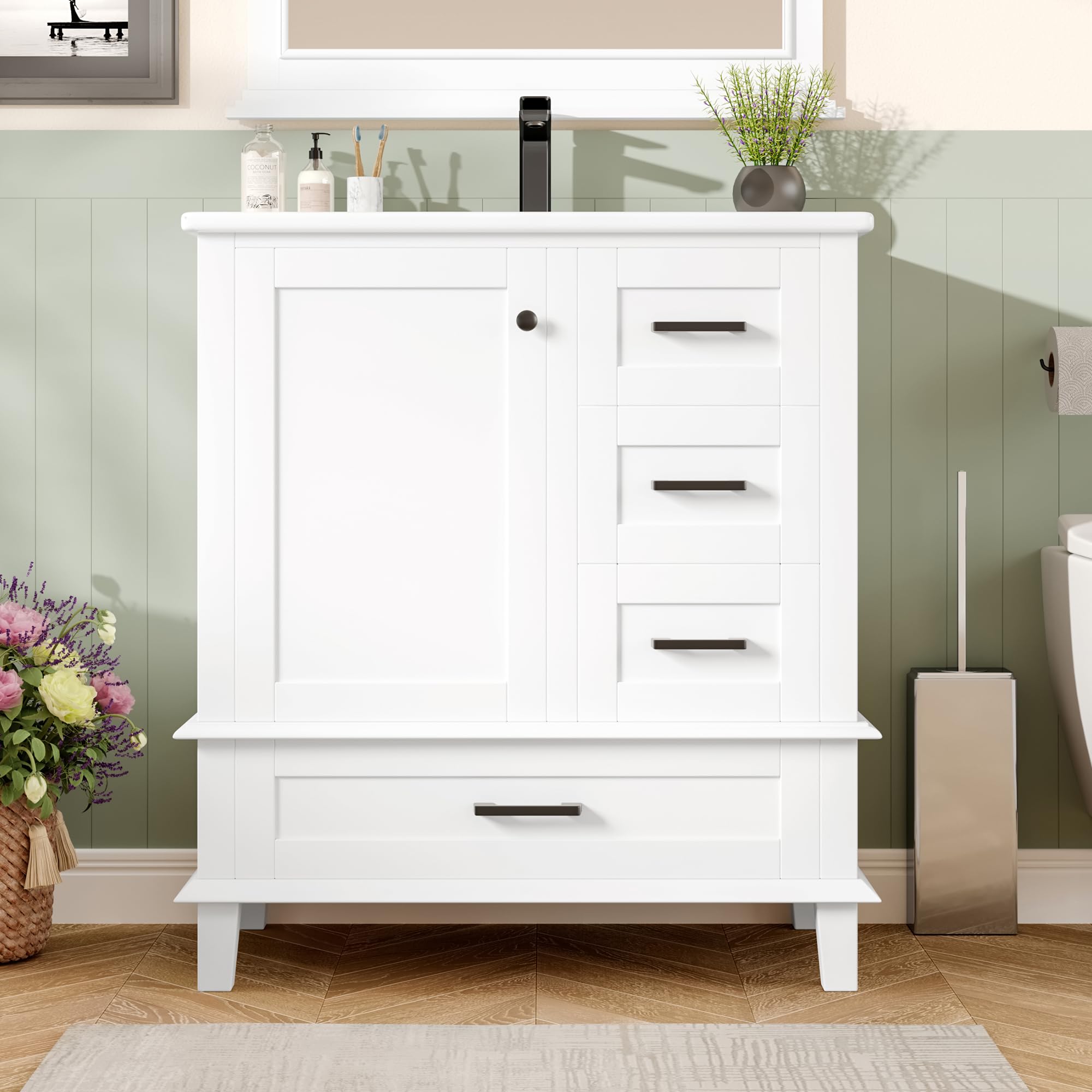 76 x 46 x 83,5 cm. Armario de baño de pie con lavabo, lavabo, lacado completo, estantería para puerta, tres cajones silenciosos, lavabo de cerámica integrado, blanco (blanco)