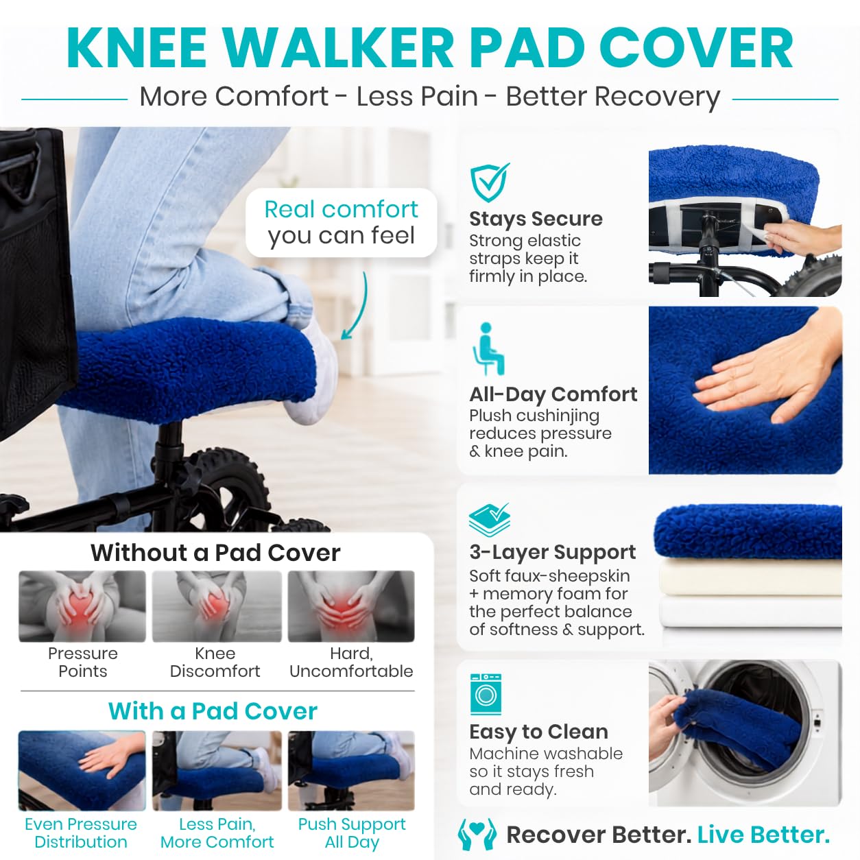 Vive Mobility Rodillera - Cojín de espuma viscoelástica de felpa de piel de oveja artificial, accesorios de rodillera, accesorios acolchados, el cochecito de piernas mejora la comodidad durante
