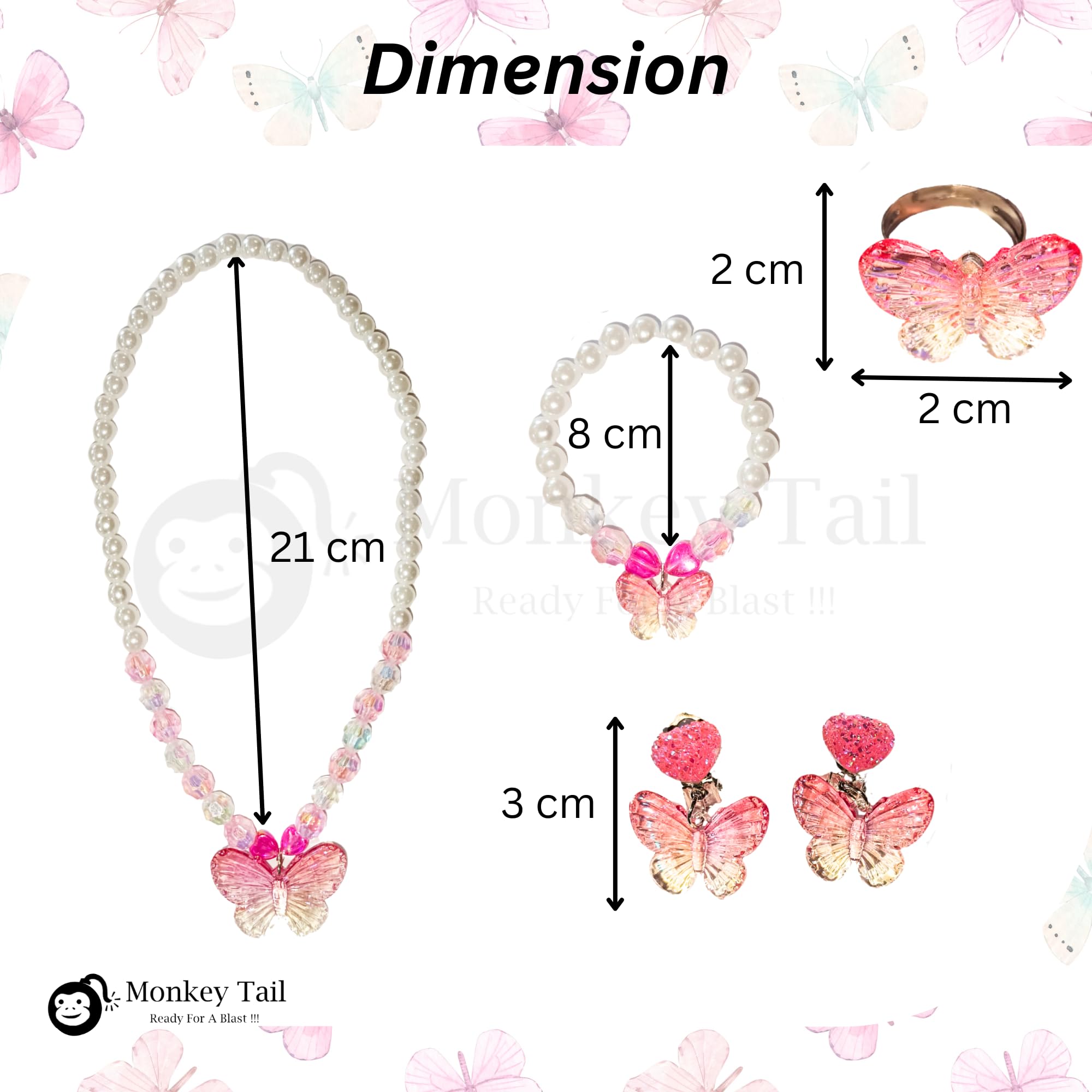 MONKEYTAIL Pink Butterfly Jewellery Kit for Kids Girls | Set of 1| Princess Jewelry Set with Pearl Beads Necklace, Bracelet, Earrings & Ring | Dress-Up Costume Accessories Gift 1