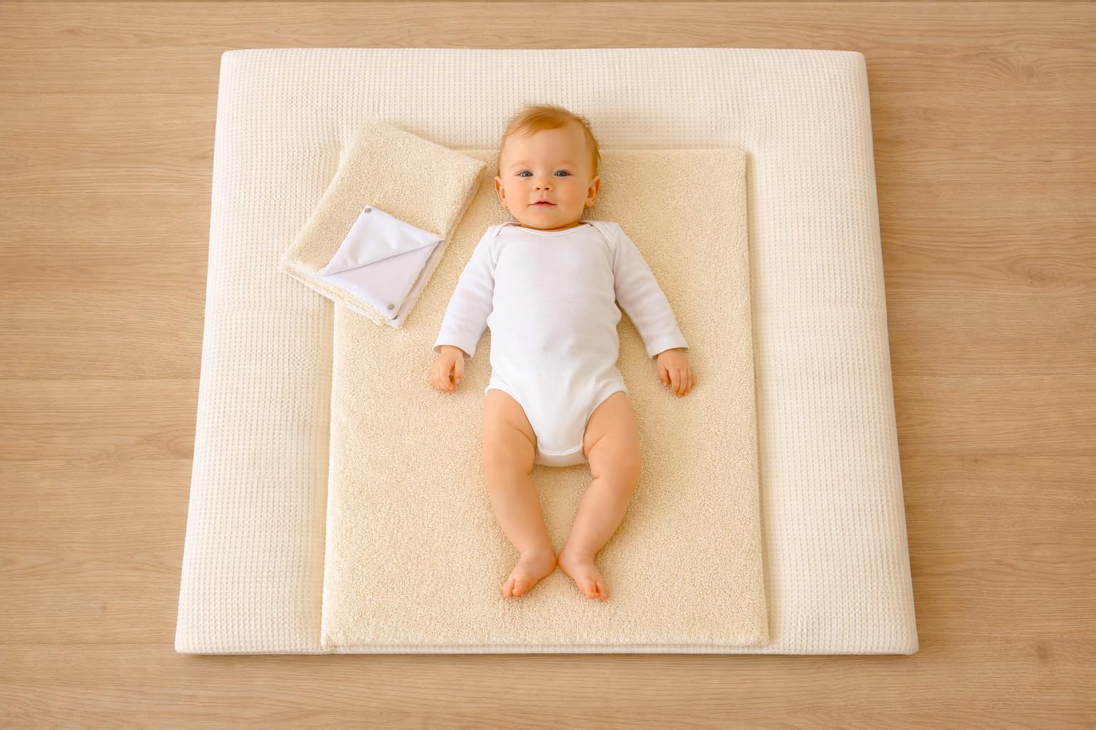 Wickelauflage Set 3-teilig – Wickelunterlage aus Waffelstoff mit Druckknöpfen – Baby Wickelauflage mit 2 Frottee Overlays – Wickeltischauflage –75X75cm (Breite x Tiefe), Hellbeige