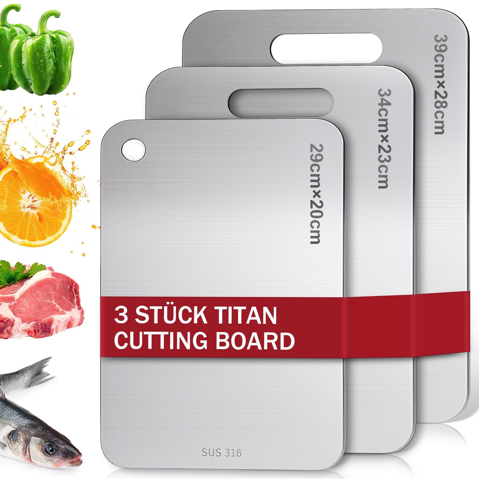Titan Schneidebrett Set 3 Stück - S316 Edelstahl Schneidebrett, Titanium Cutting Board, Doppelseitiges Lebensmittel Grade Schneidebretts, Titanium Cutting Board für Fleisch, Obst,Gemüse