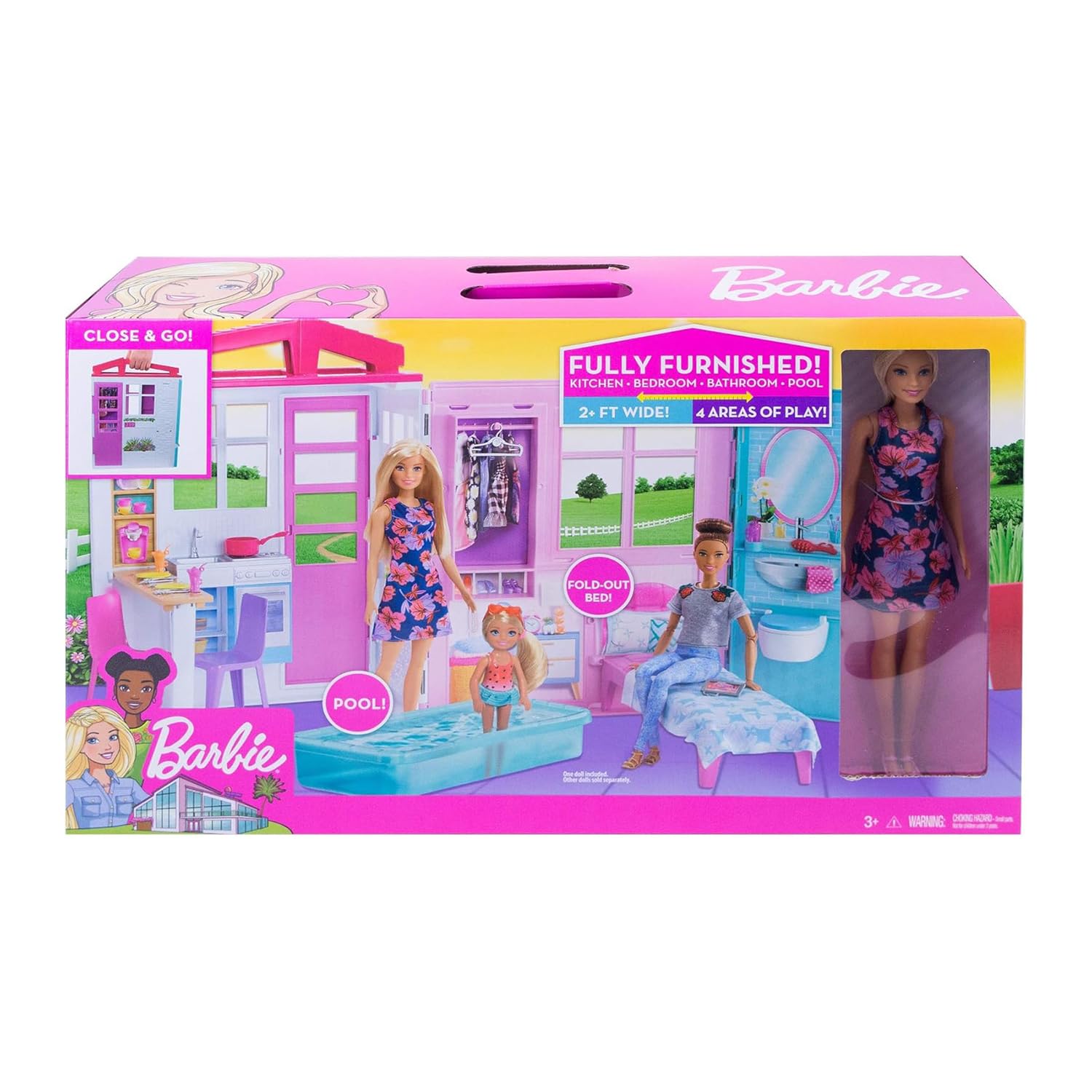 Barbie-Haus mit Küche, Schlafzimmer, Badezimmer, Pool, komplett eingerichtet Möbeln, verschließbar mit Aufbewahrungsgriff, Puppen, Geschenke für Kinder ab 3 Jahren, GWY84