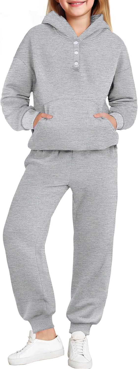 Arshiner Girls 2 Piece Outfits Fashion Sweatsuits Button Down Hooded Sweatshirt and Sweatpants with Pockets Kids Tracksuit