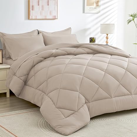 HEVUMYI Khaki Queen Comforter Set - 7-Piece All Season Bed in a Bag Queen, Ultra Soft Bedding Set with Comforter, Flat Sheet, Fitted Sheet, Pillowcases, Pillow Shams
