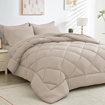 HEVUMYI Khaki Queen Comforter Set - 7-Piece All Season Bed in a Bag Queen, Ultra Soft Bedding Set with Comforter, Flat Sheet, Fitted Sheet, Pillowcases, Pillow Shams