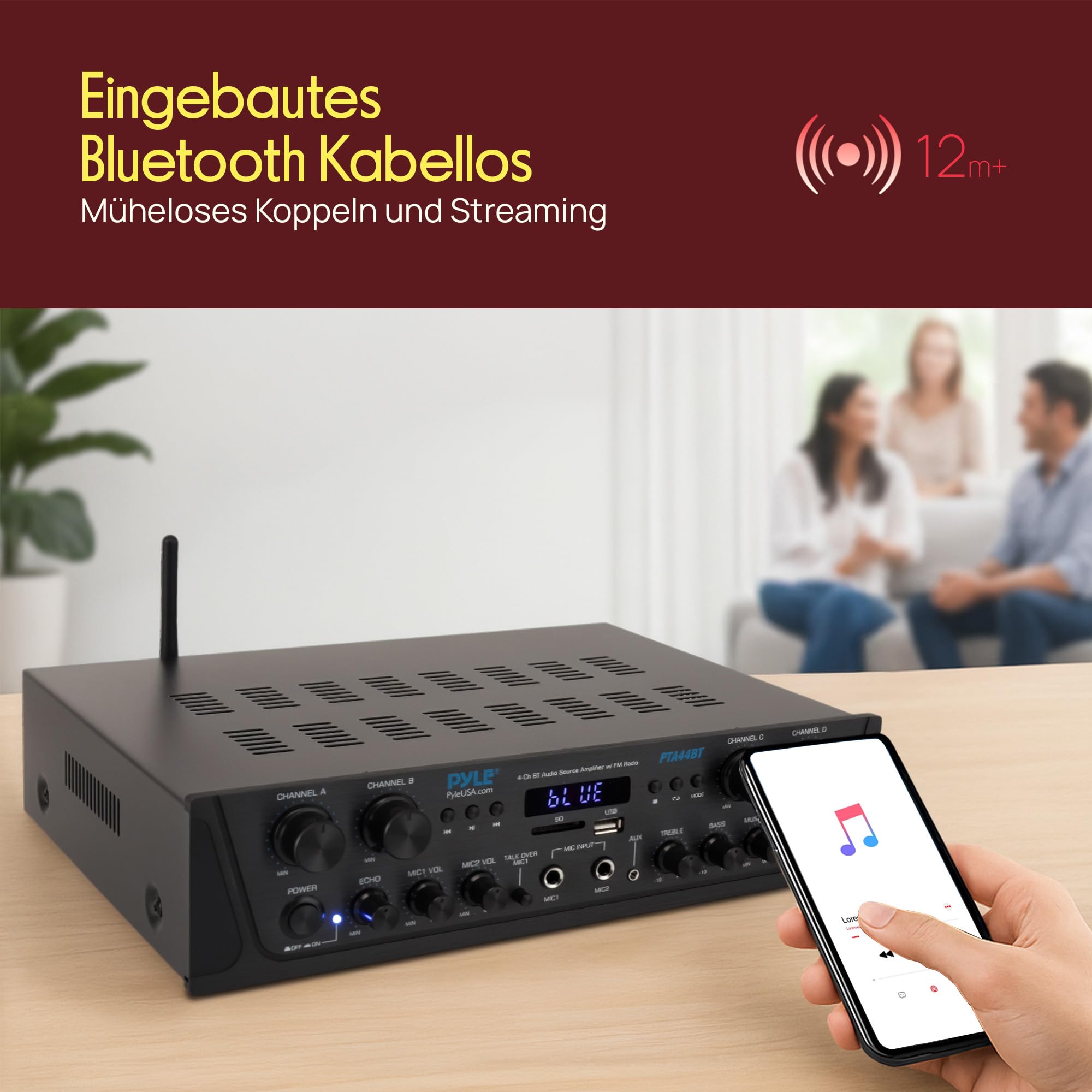 Pyle 500W- Bluetooth Verstärker, Mini Verstärker, Amplifier, Stereo Receiver- 4 Kanal AUX, FM- Radio, RCA- Subwoofer, USB, Mic- Eingang mit Echo, Audio Verstärker- Perfekt für Heimkino & Studio
