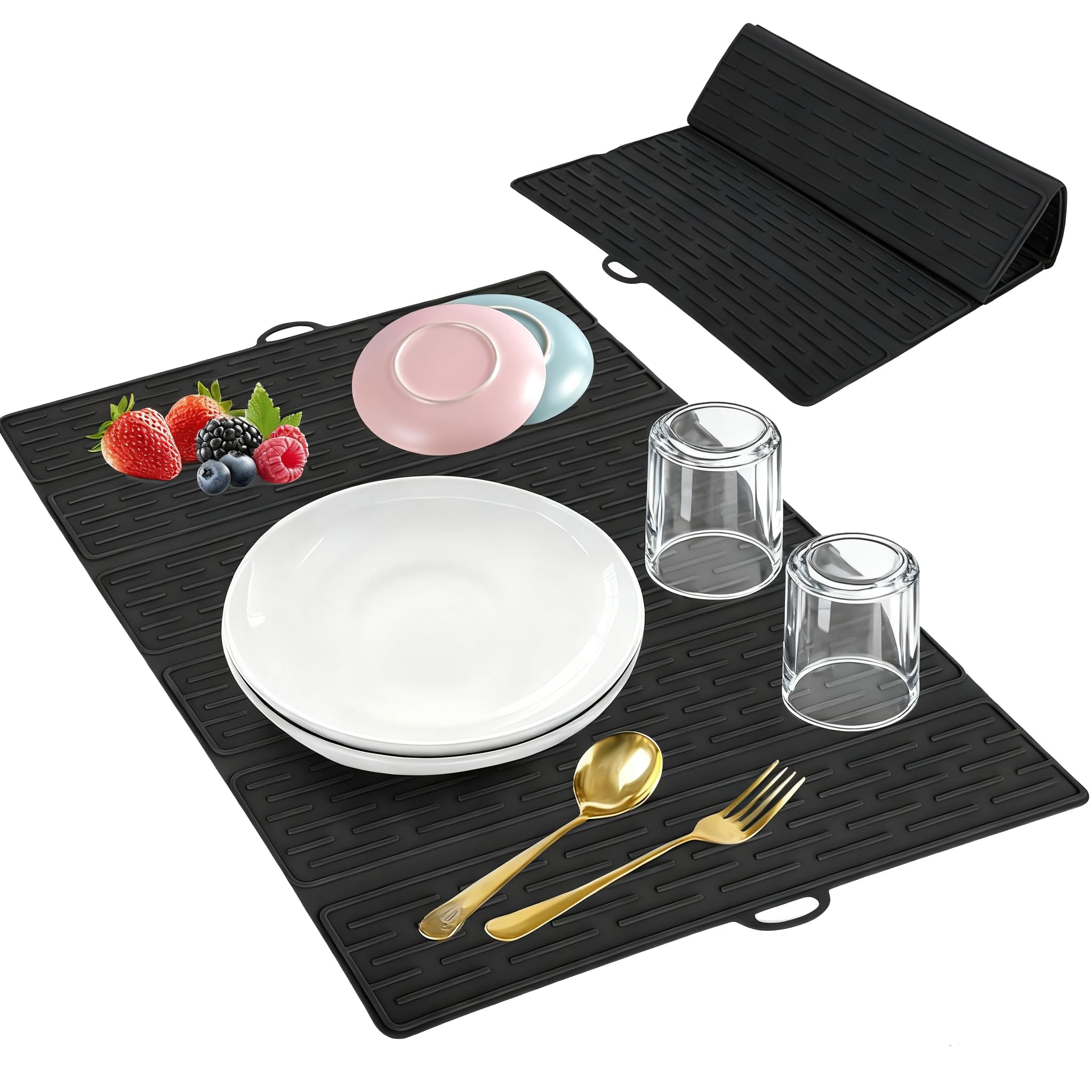 HONZUEN Silicone Dish Drying Mat 50Γ40cm, Foldable Draining Board, Black