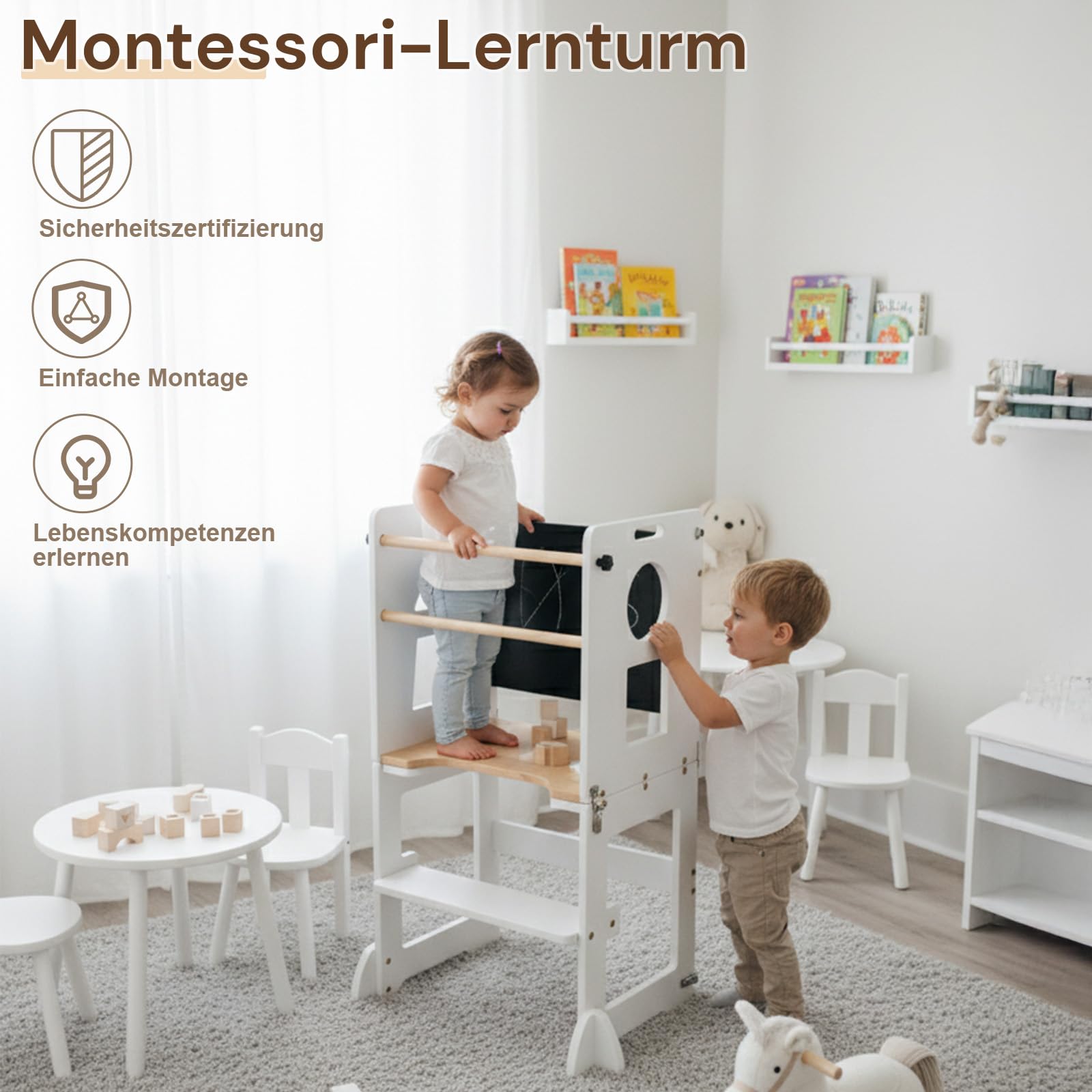 LEADZM Lernturm ab 1 Jahr，Lernturm Klappbar，Montessori Spielzeug ab 1 Küche | Jahr，Learning Tower，für Tisch Bad(Weiß