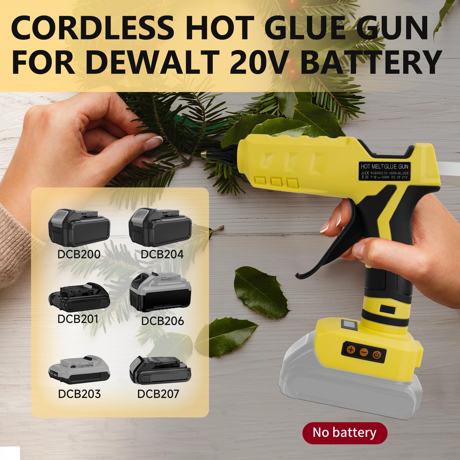 Pistola per colla a caldo senza fili per DeWalt, batteria da 20 V, 100 W, LED digitale, senza fili, con 10 bastoncini di colla, pistola per colla portatile resistente per fai da te, artigianato (senza