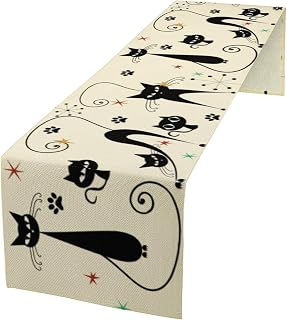 Mid Century Table Runner Minimalist Funny Black Cat Claws Retro Abstract Geometric 1950s Vintage Table Runner for Kitchen Party Holiday Dinner, 13x60 Inch