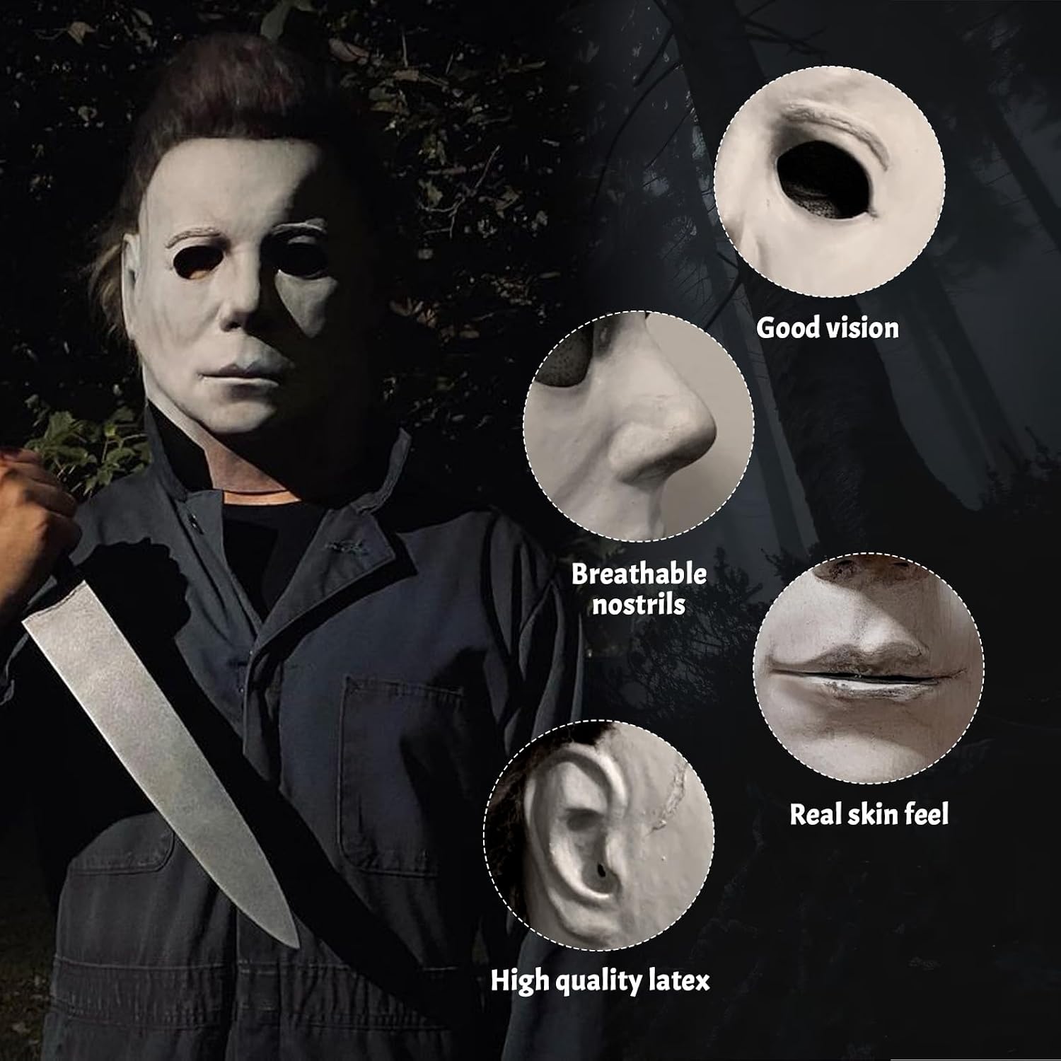 Scary Halloween Mask Adult with Classic Knife - Creepy Horror Costume Accessory for Cosplay (White)