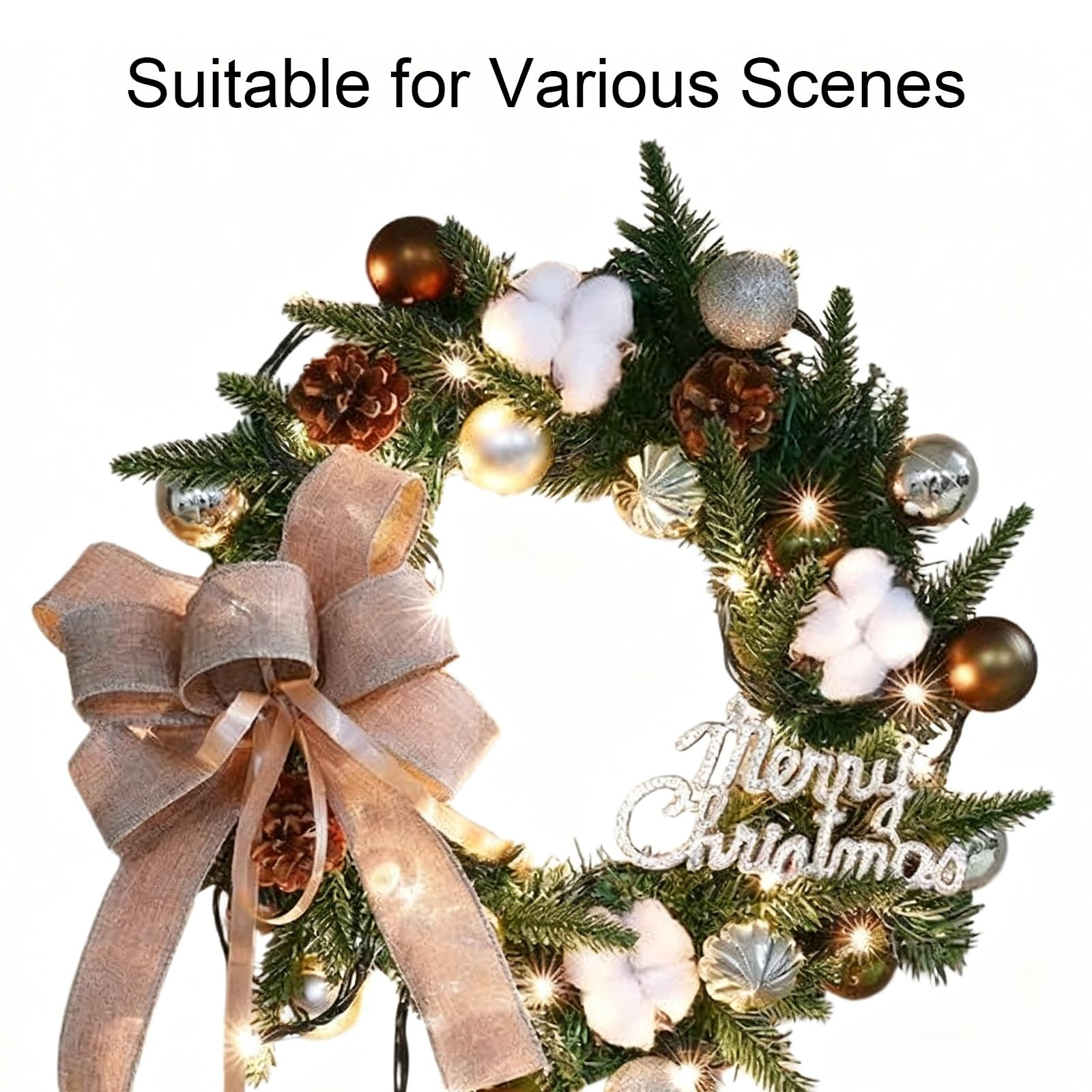 Corona Navideña Grande para Puerta de Entrada, Coronas de Navidad con Luces, Decoración Navideña para Puerta, Pared y Ventana, Adornos Verdes para Puerta(Medium)