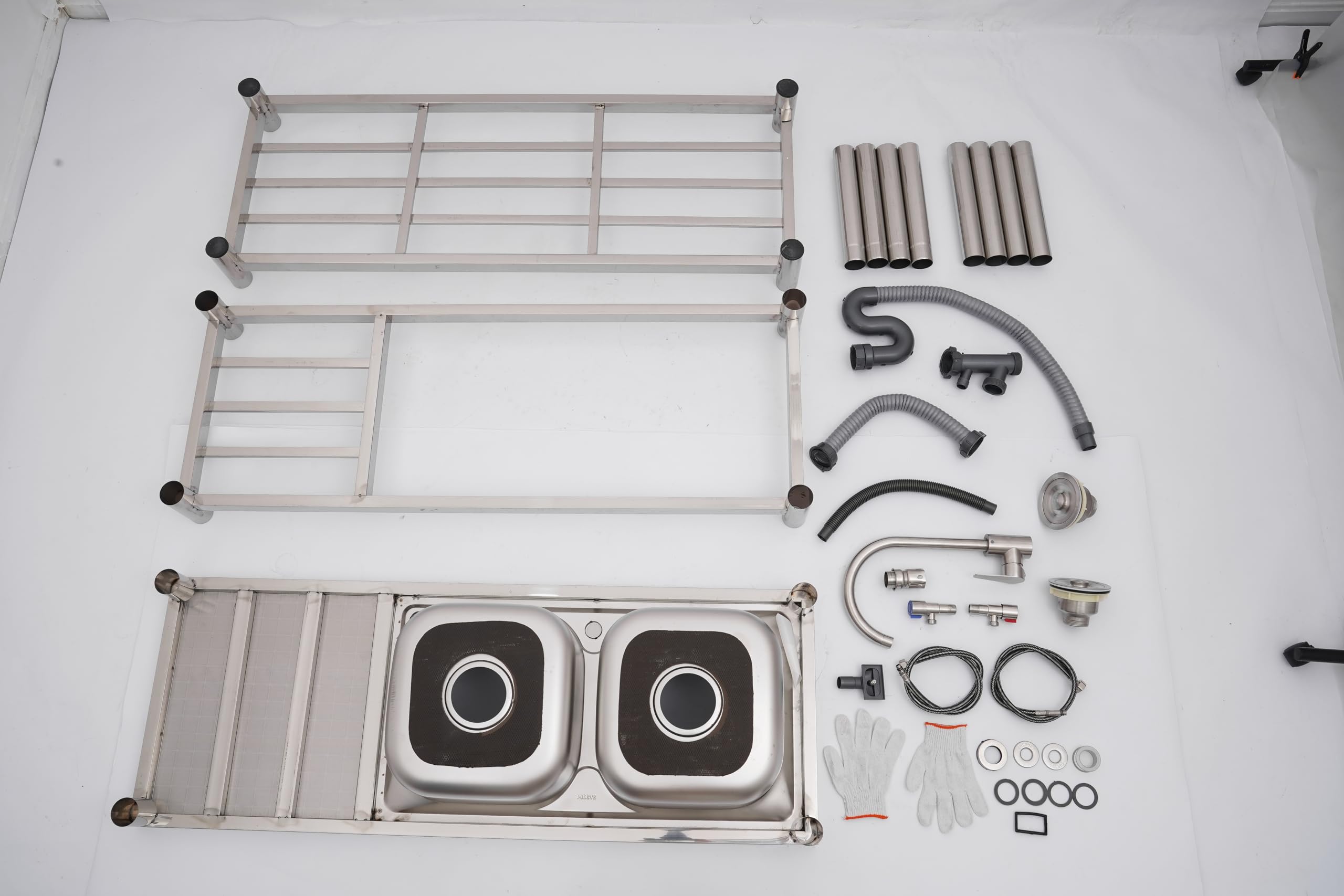 Lavello Portatile in Acciaio Inox, Lavabo Freestanding con 2 Vasche, Sink Cucina da Esterno con Ripiani, Lavandino da Campeggio per Camper con Rubinetto 360°,Capacità di Carico di 100kg