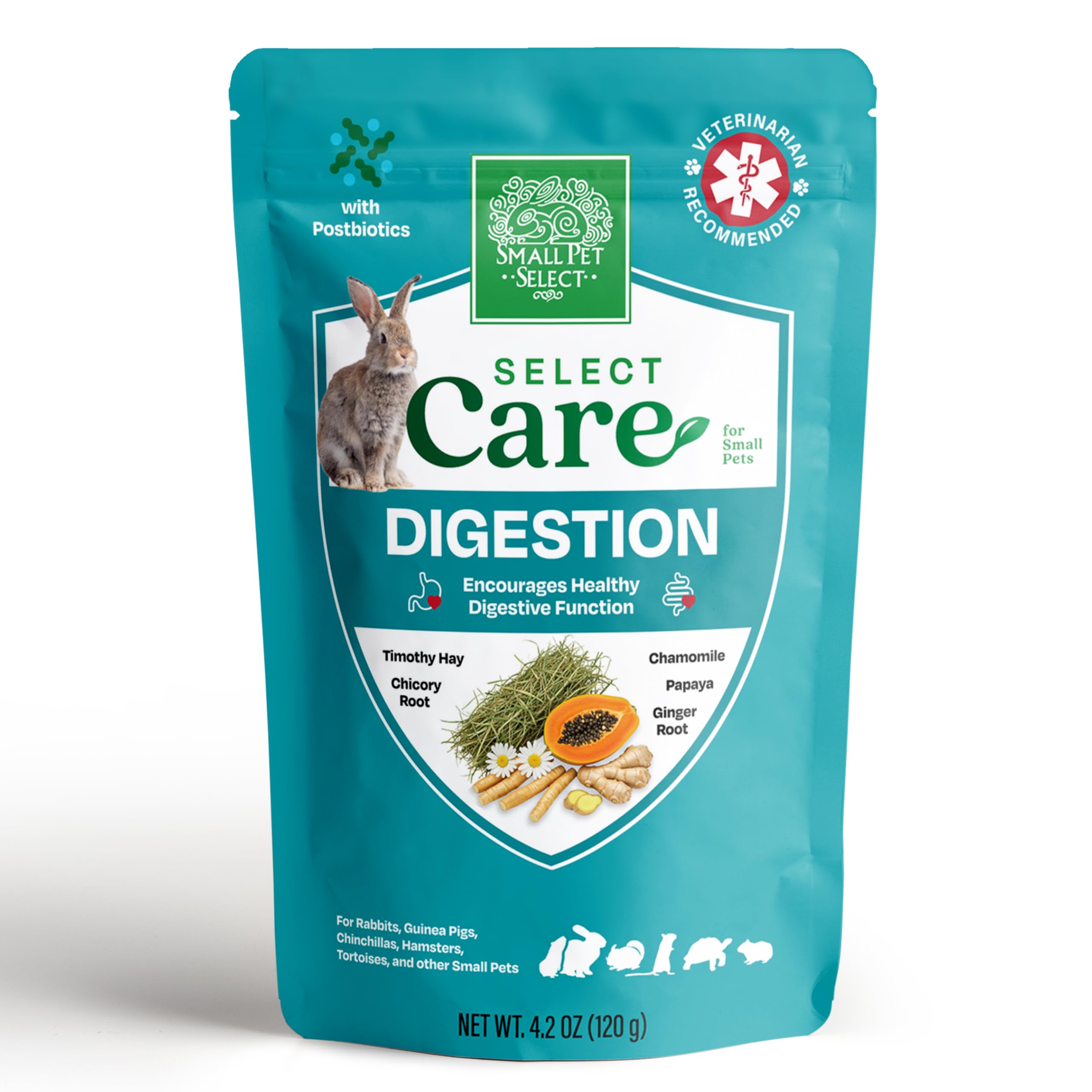 Small Pet Select Select Care Digestion, Timothy Hay Digestive Support Treats with Herbs for Rabbits, Guinea Pigs, Small Animals, 120g Resealable Pouch
