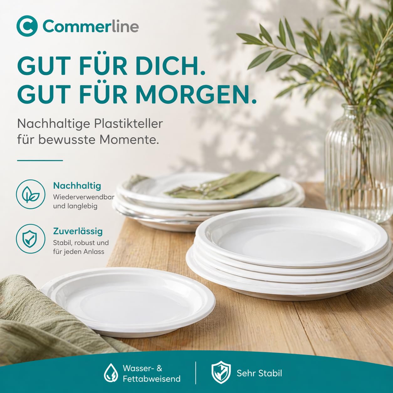 Commerline 800 sztuk plastikowych talerzy niepodzielonych, talerze wielokrotnego użytku, Ø 22 cm, plastikowe talerze, talerze z tworzywa sztucznego, naczynia imprezowe, zestaw naczyń plastikowych