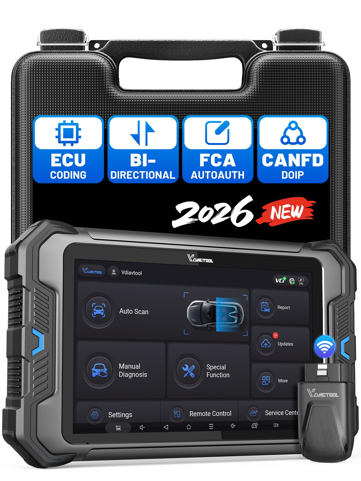 Valise Diagnostic Auto VDIAGTOOL VD80BT Lite, OBD2 Diagnostic Voiture Bidirectionnel et 28+ réinitialisations, Boitier OBD Complet du Système FCA Can FD et DoIP, ECU Codage, Màj Gratuite 2 Ans