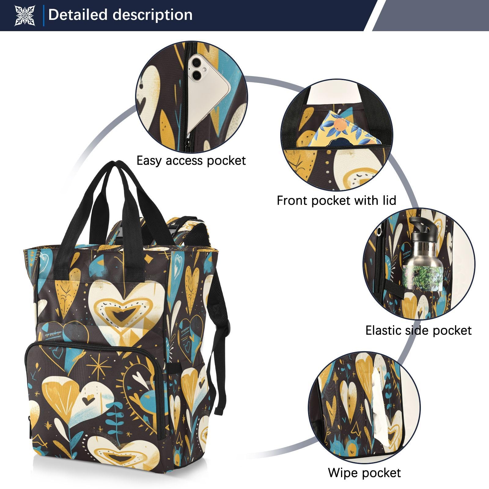 Corazones Azules Dorados Estrellas Bolsa de Pañales Mochila de Viaje Gran Capacidad Bolsas para Mamá Papá Mujeres Niñas