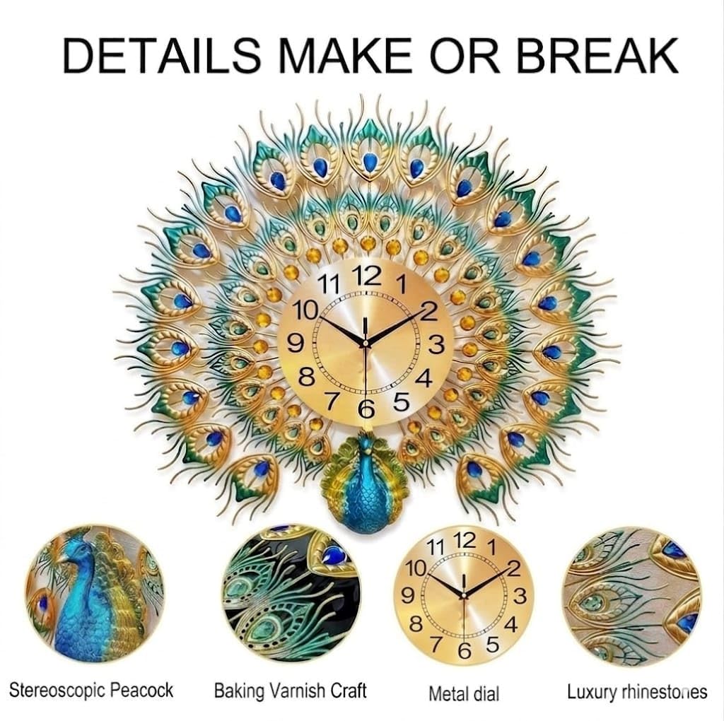 R RUNILEX Large Wall Clock for Living Room Decor,Mid Century Decorative Non-Ticking Silent Luxury Peacock Clock for Dining Room Bedroom (Pickock Clock) 3