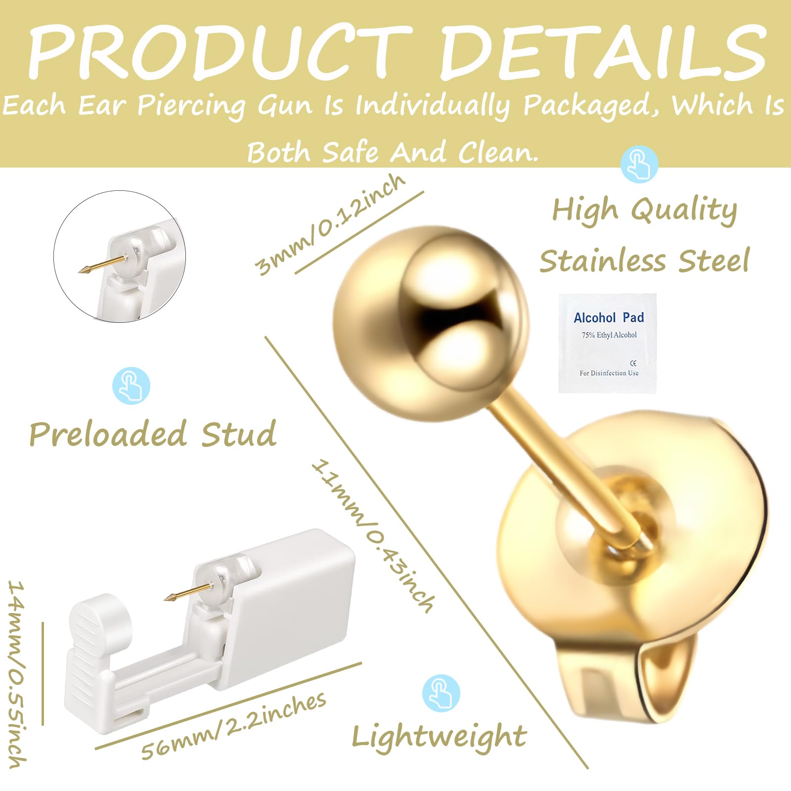 Ear Piercing Kit - 2 Pcs Self Disposable Ear Piercing Gun Built-in Earring Stud Low Pain at Home Piercer Kit Tool Easy Use for Salon 3mm (Gold Ball)