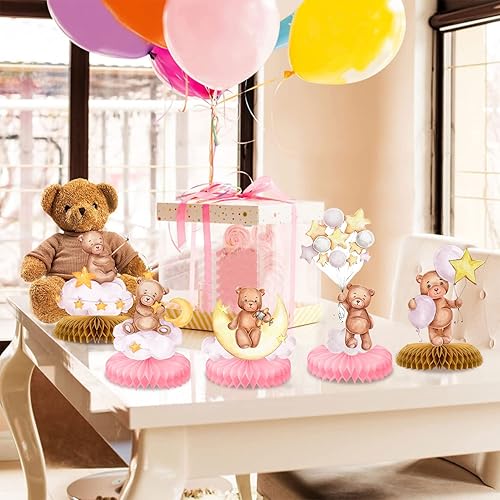 Miniatura 7 de Tarklanda 9 piezas de centro de mesa de oso para baby shower, panal, decoración de fiesta, globos de oso rosa, decoración de mesa 3D de panal para