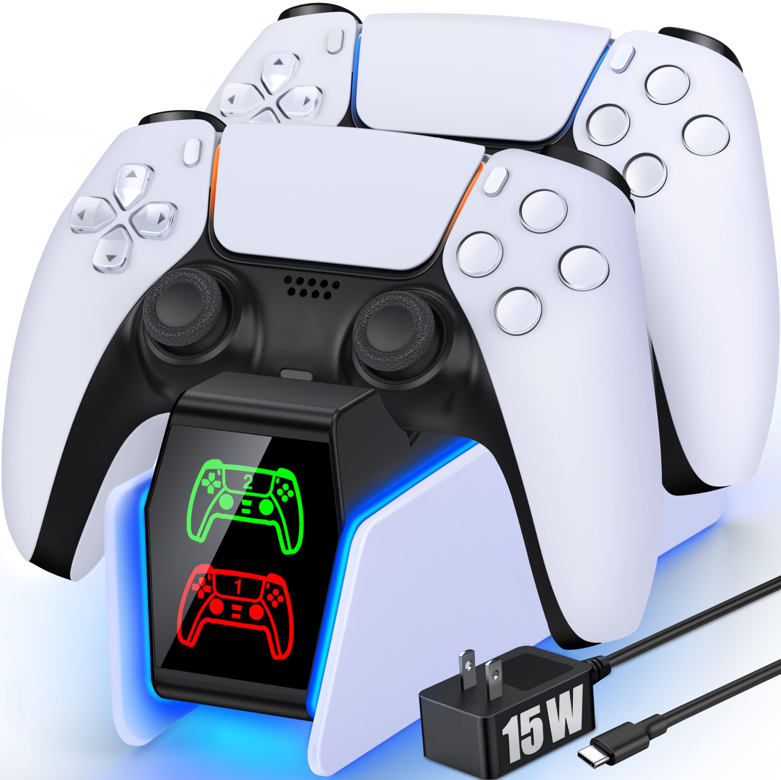 PS5 Controller Charger Station for PlayStation 5 Controllers with LED Light Dual Stand Charger Dock, PS5 Controller Charging Station Accessories for PlayStation 5 Storage Kit with AC Adapter