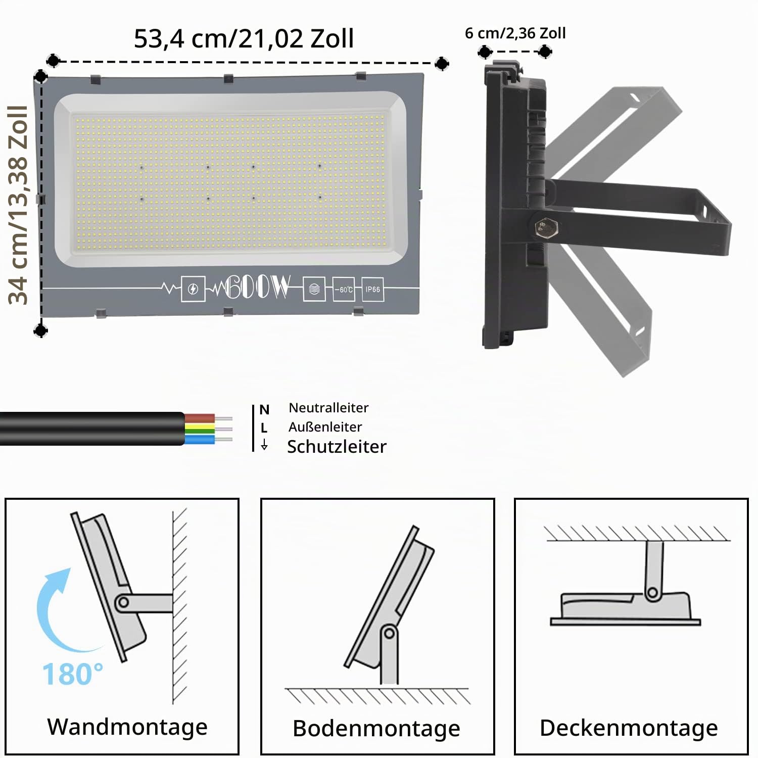 600W LED Strahler Außen 3000K Warmweiß 1 Stück | 60000LM Scheinwerfer, IP66 Wasserdicht Fluter, Aussenstrahler Für Hinterhof, Garten, Werkstatt